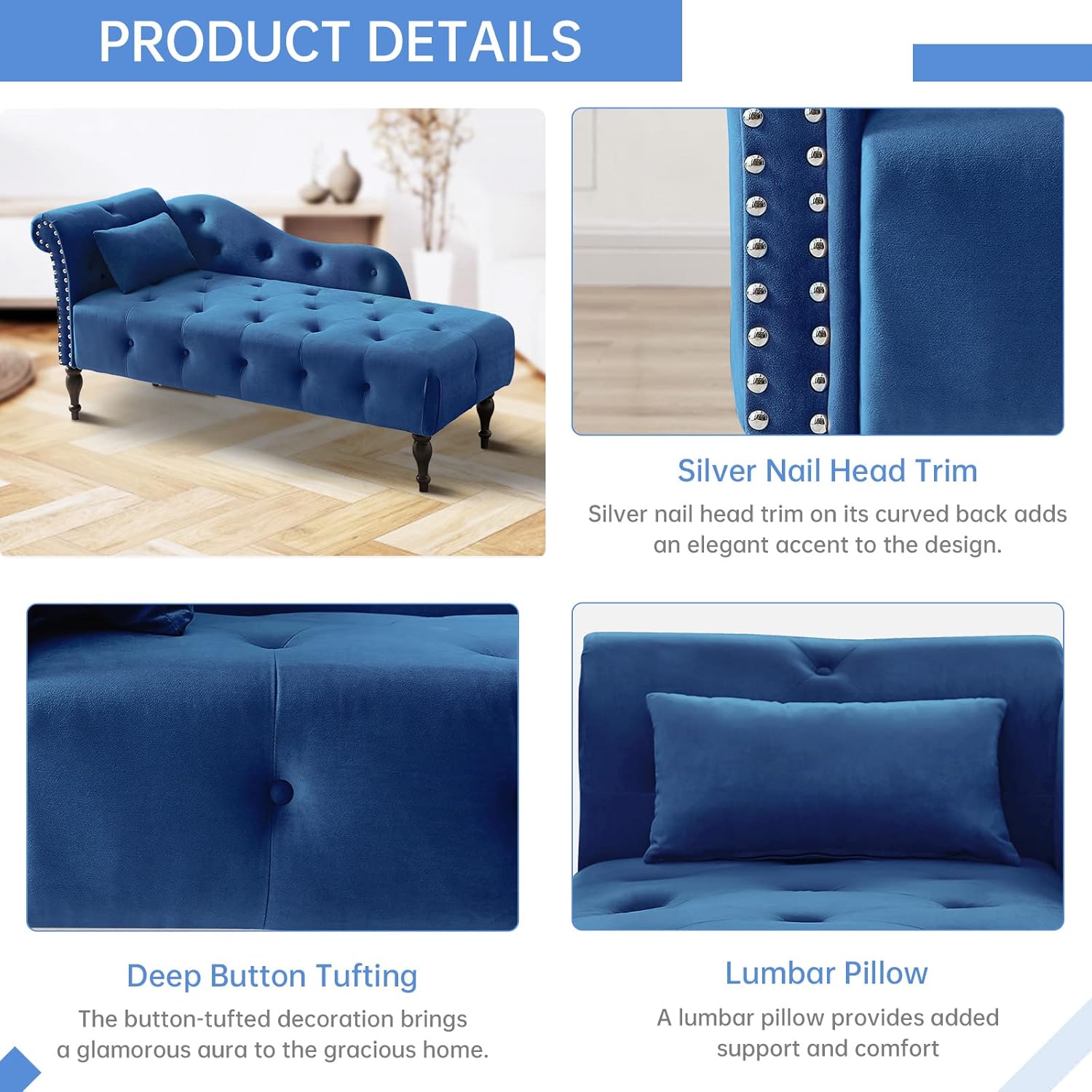 Velvet Chaise Lounge Indoor Chair with Pillow, Button Tufted Right Arm Facing Lounge Chair Bed with Nailhead Trim and Turned Legs, Modern Sleeper Sofa Couch for Living Room Bedroom Office (Blue)