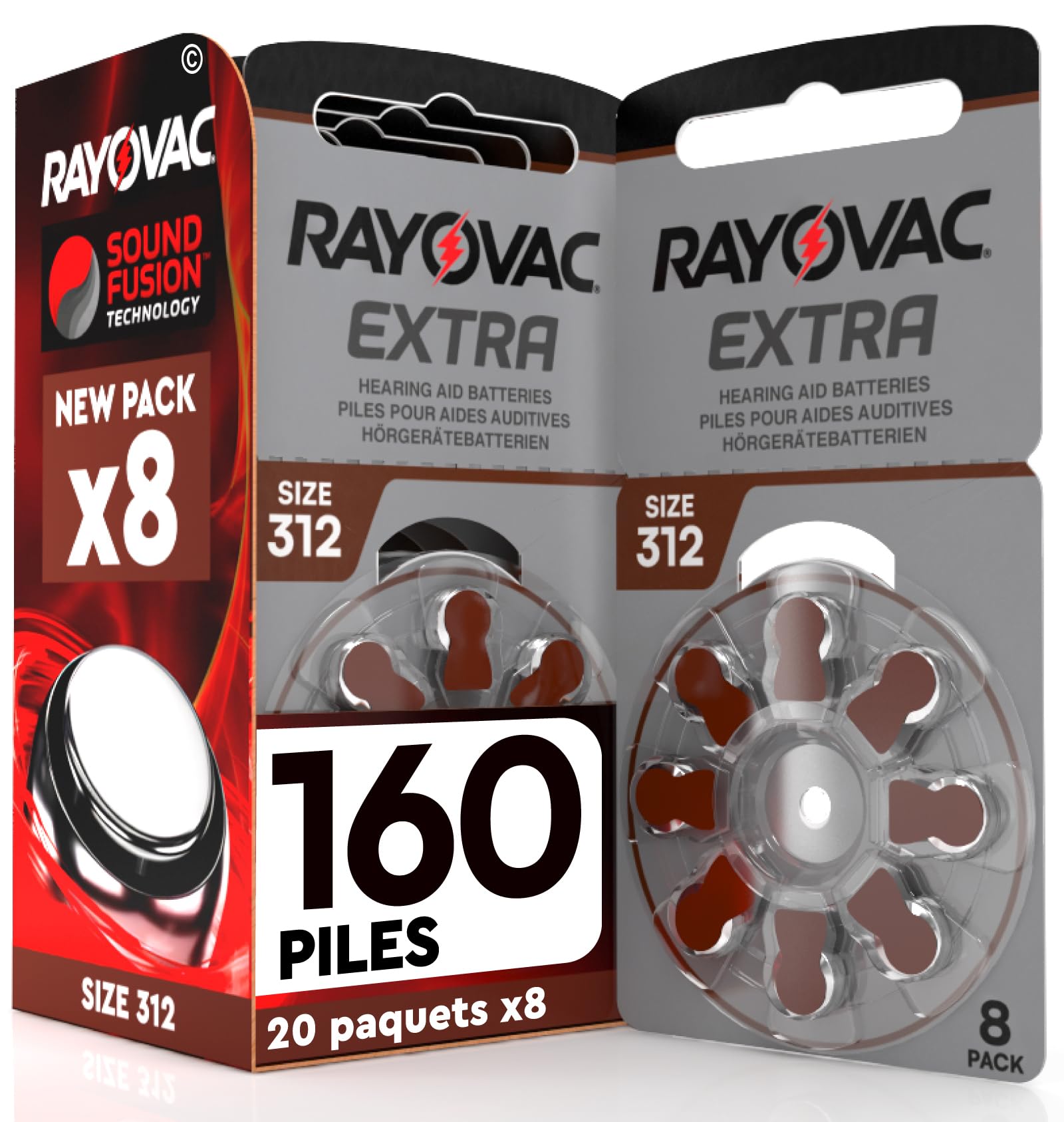 160 Piles Auditives Rayovac Extra 312 pour Appareil Auditif PR41 Udivita - 20 Blister de 8 Piles