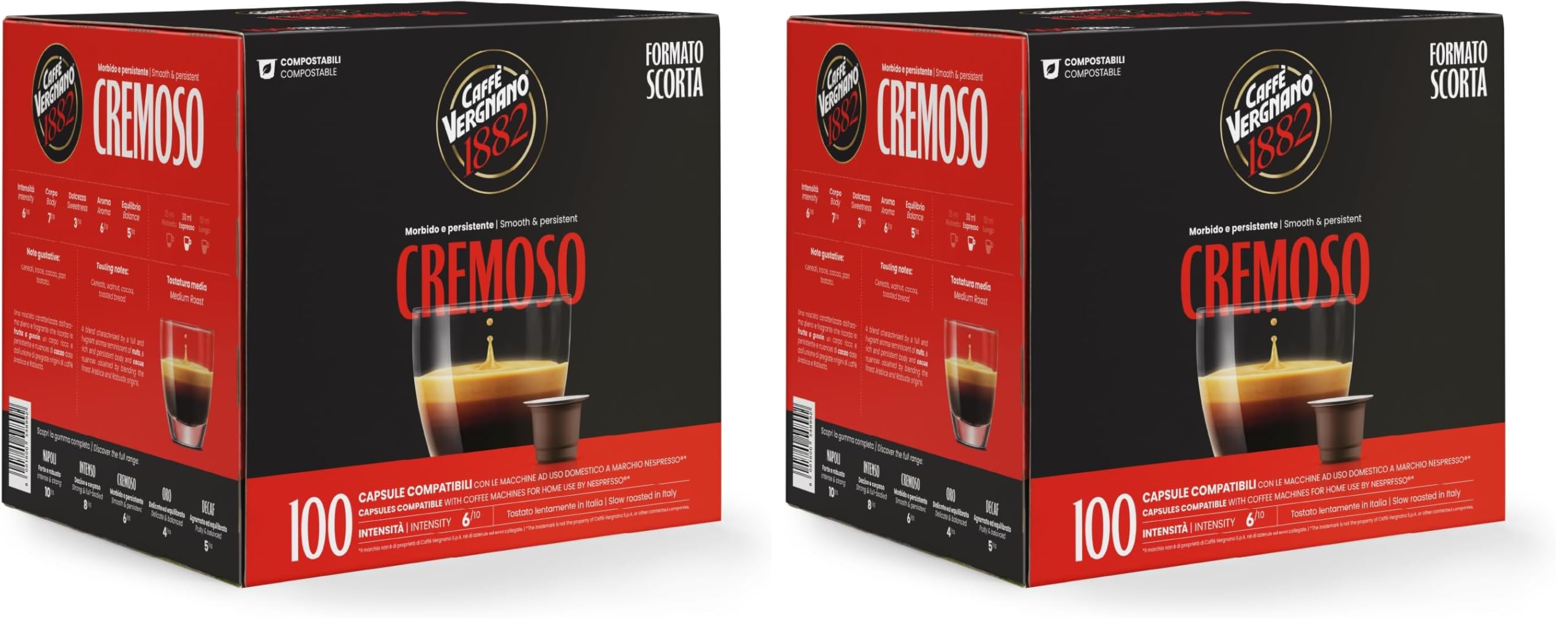 Caffè Vergnano Èspresso1882-100 Capsule Caffè Compatibili Nespresso e Compostabili, Cremoso - Pack da 100 capsule (Confezione da 2)