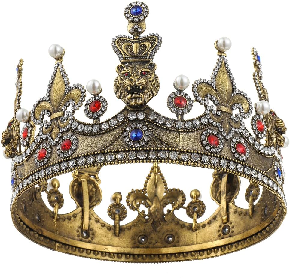 Royal King Crown Rhinestones Pearls Crown For Cosplay Wedding Birthday Prom Party Costume