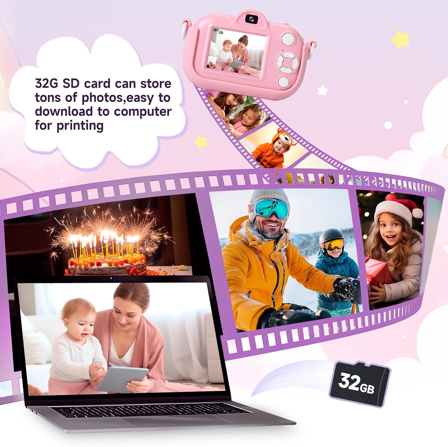 Kids Camera Digital Camera for Age 3-8, 1080P Toddler Camera for Kid with 32GB SD Card, Toddler Girls Toys Age 6-8, Christmas Birthday Gifts for Children, Pink