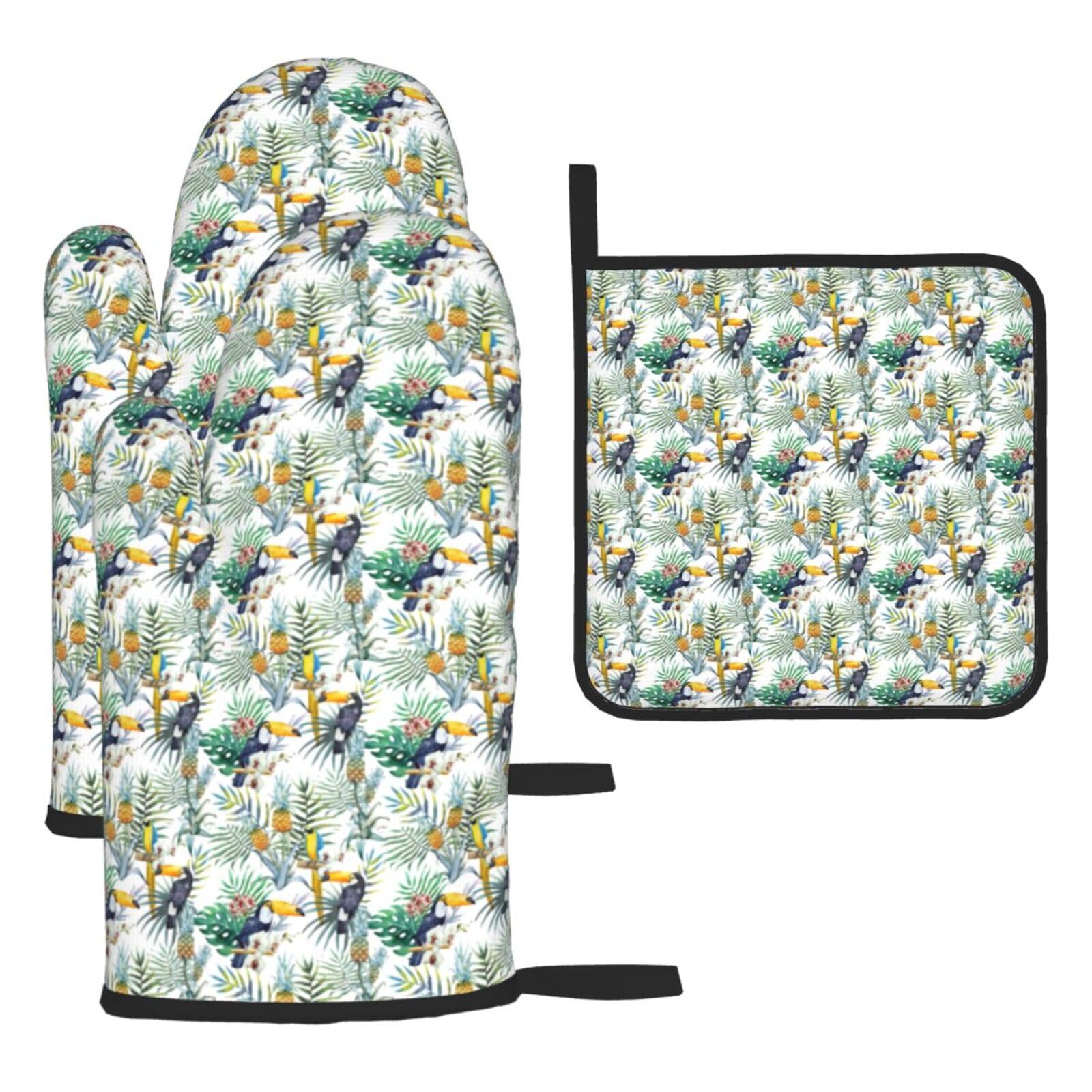 Tropical Leaves Bird Print Oven Set Kitchen Gloves Baking Grilling Microwaving Cooking Gift Everyday Holiday