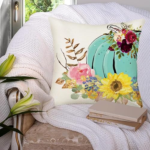 Miniatura 3 de Fundas de almohada decorativas de calabaza de otoño de 18 x 18 pulgadas, almohadas florales de calabaza azul acuarela, decoración de otoño, cosecha
