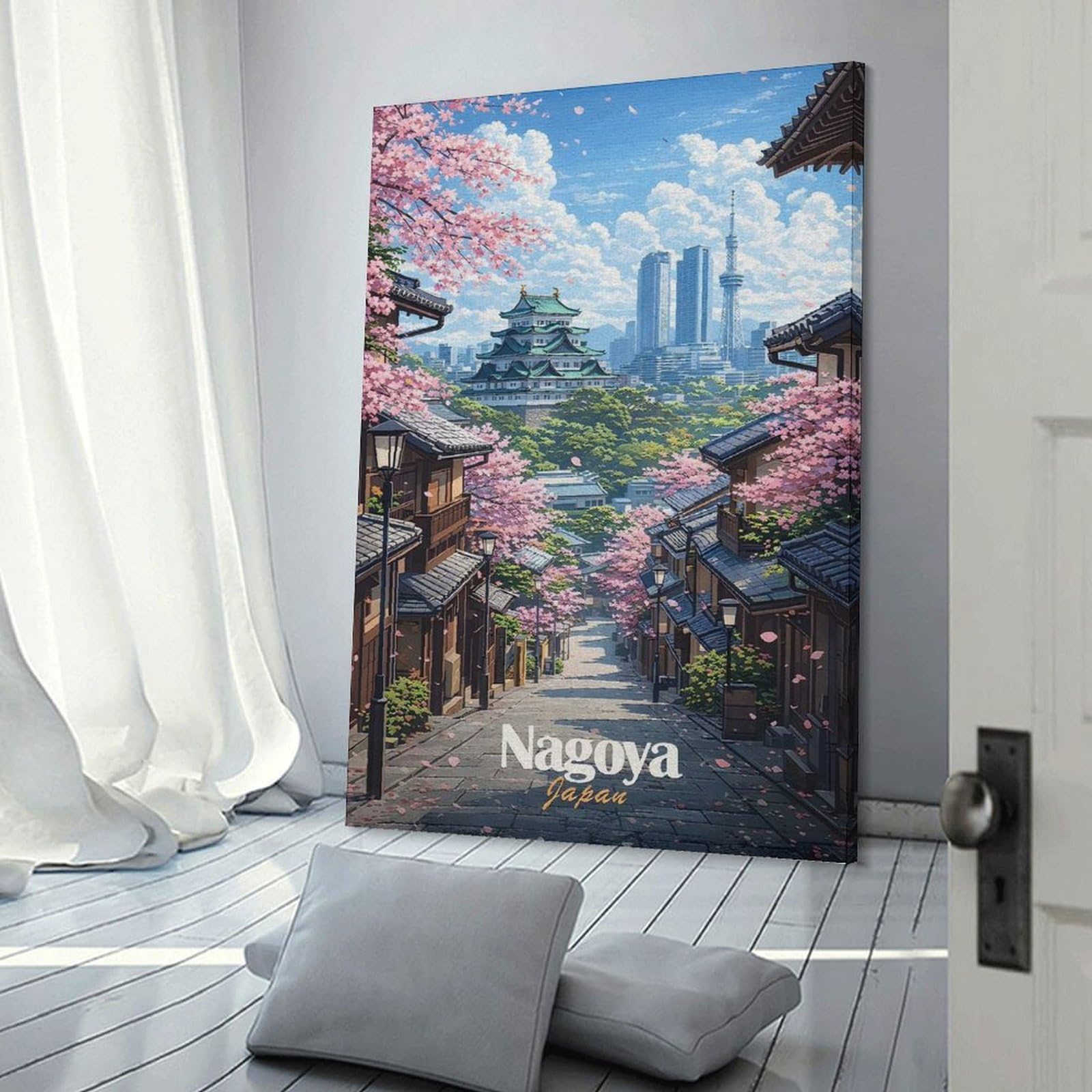 Junmoney Canvas Wall Decor Nagoya Castle with Cherry Blossoms, 12x18inch(30x45cm), for Lounge Decor, Bedroom Walls Or Flats, Eye Catching Artwork for Blank Walls