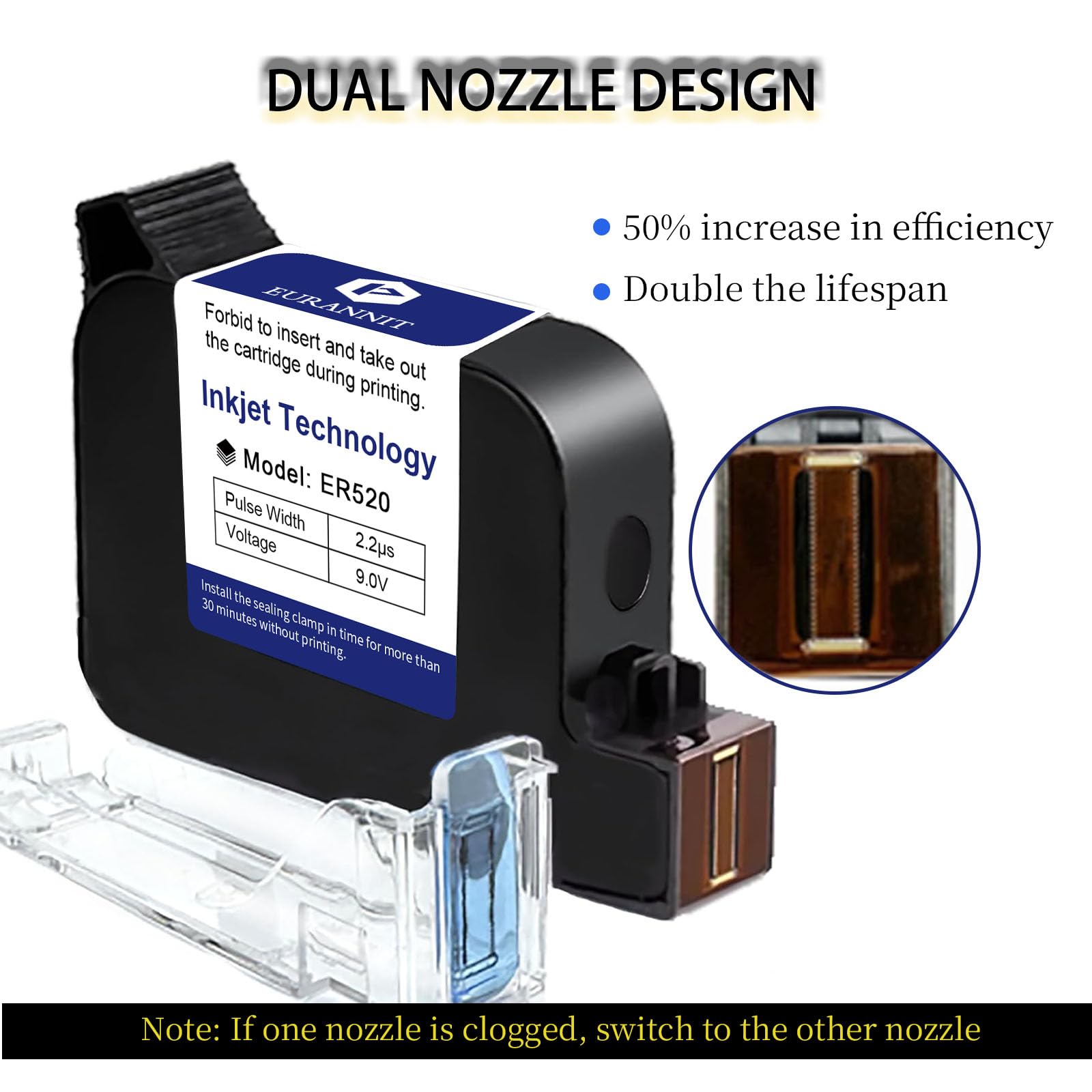 Original ER520 Schnelltrocknende Tintenpatrone für Portable Inkjet Printer 12.7 mm Druckhöhe für Intelligent Inkjet Printer E15/E98/E11/E12/E16, Schwarz