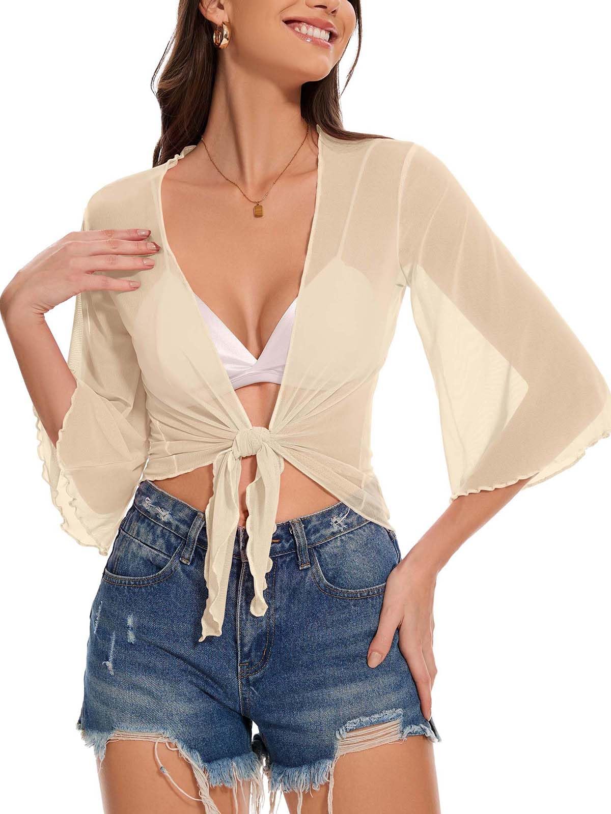Coprispalle per le donne Tie Front Crop Cardigan estivo mezza manica Bolero Top