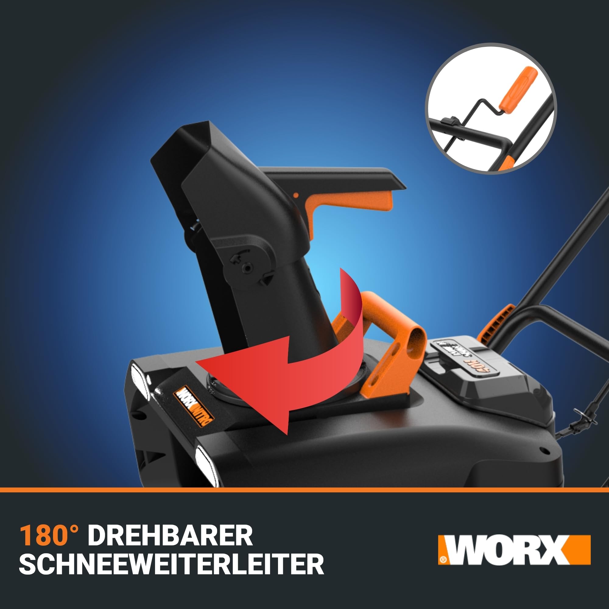 WORX WG471E Nitro Akku-Schneefräse 40V – Brushless Motor – 51cm Arbeitsbreite – bis zu 25cm Schneehöhe geeignet - 180° drehbare Auswurfkanal – 6m Wurfweite – LED-Licht – inkl. 2x4Ah Akkus & Ladegerät