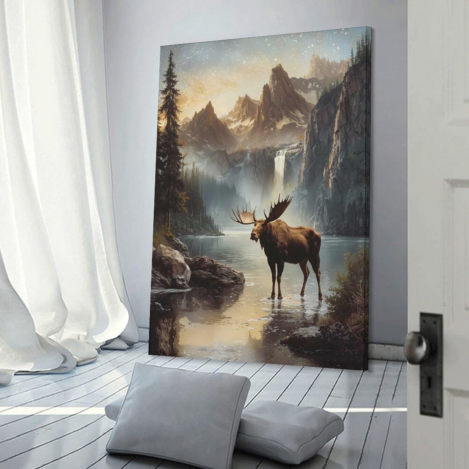 Junmoney Moose in Mountain Lake Landscape Home Decor Wall Art, 16x24inch(40x60cm), for Wall Displays, Bedrooms Or Room Updates, Ideal for Building A Coordinated Art Wall