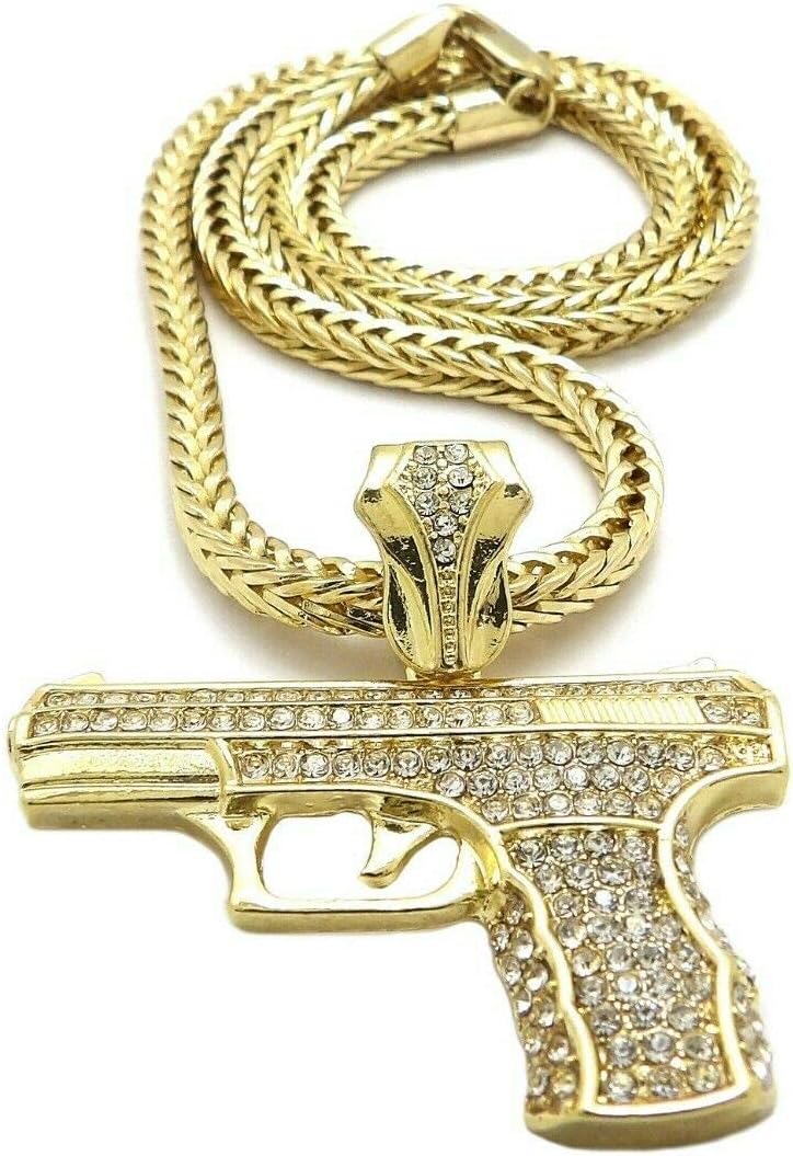 Hip Hop Rapper Iced Hand Gun Pendant & 4mm 18" Franco Choker Chain Necklace