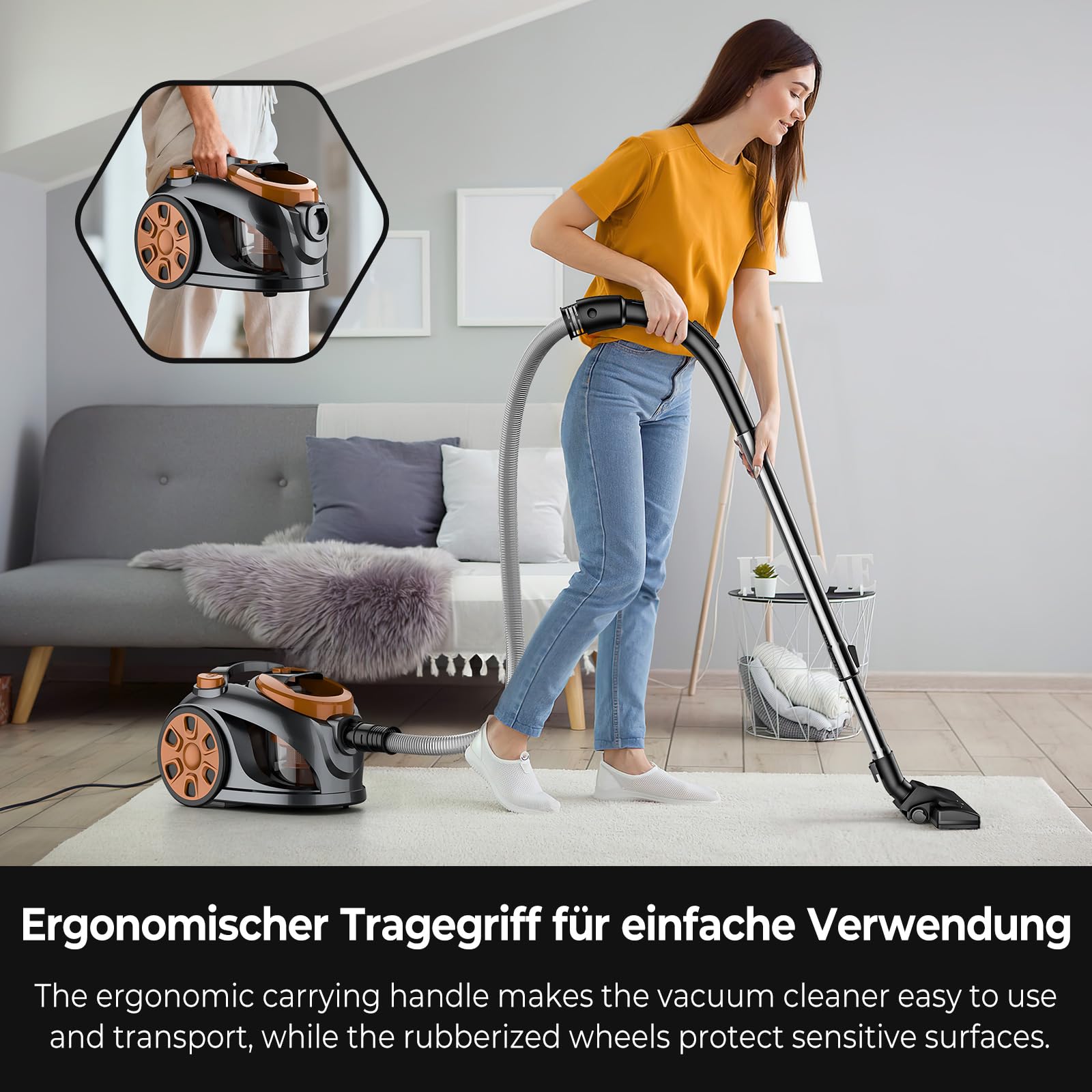 Beutelloser Staubsauger 3300W mit Zyklon-Technologie, 3L Staubbehälter & 5m Kabel, Starke Saugleistung Bodenstaubsauger für Tierhaare, Hartböden & Teppiche, Waschbarer Filter, Geräuscharm (E)