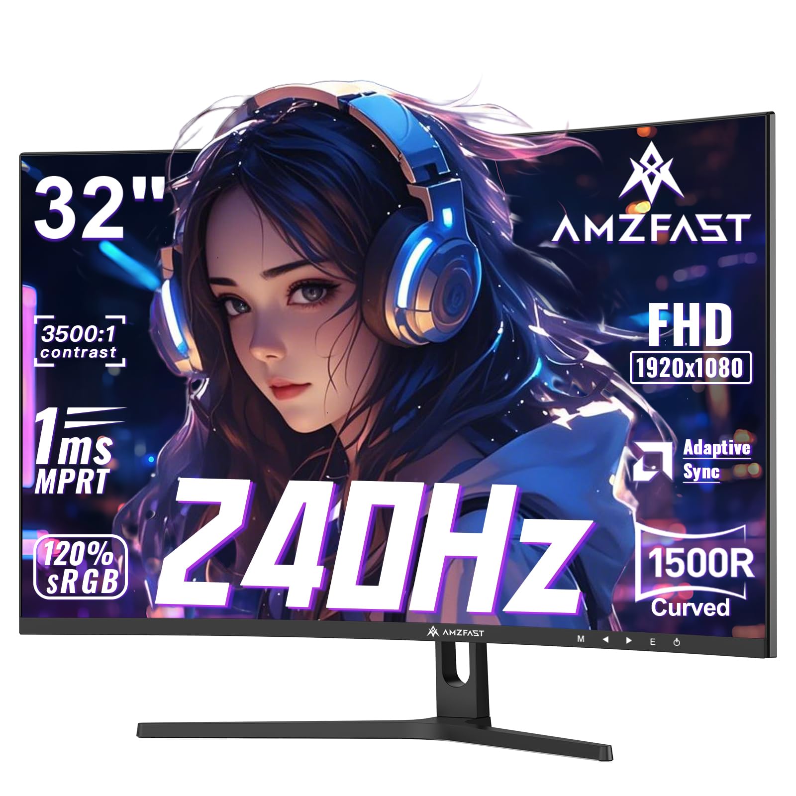 Amzfast 32 Inch 240Hz Curved Gaming Monitor - 1500R, FHD 1080p, 1ms MPRT, Adaptive-Sync, 120% sRGB, HDMI 2.0/DP 1.4 (AMZG32C3F)