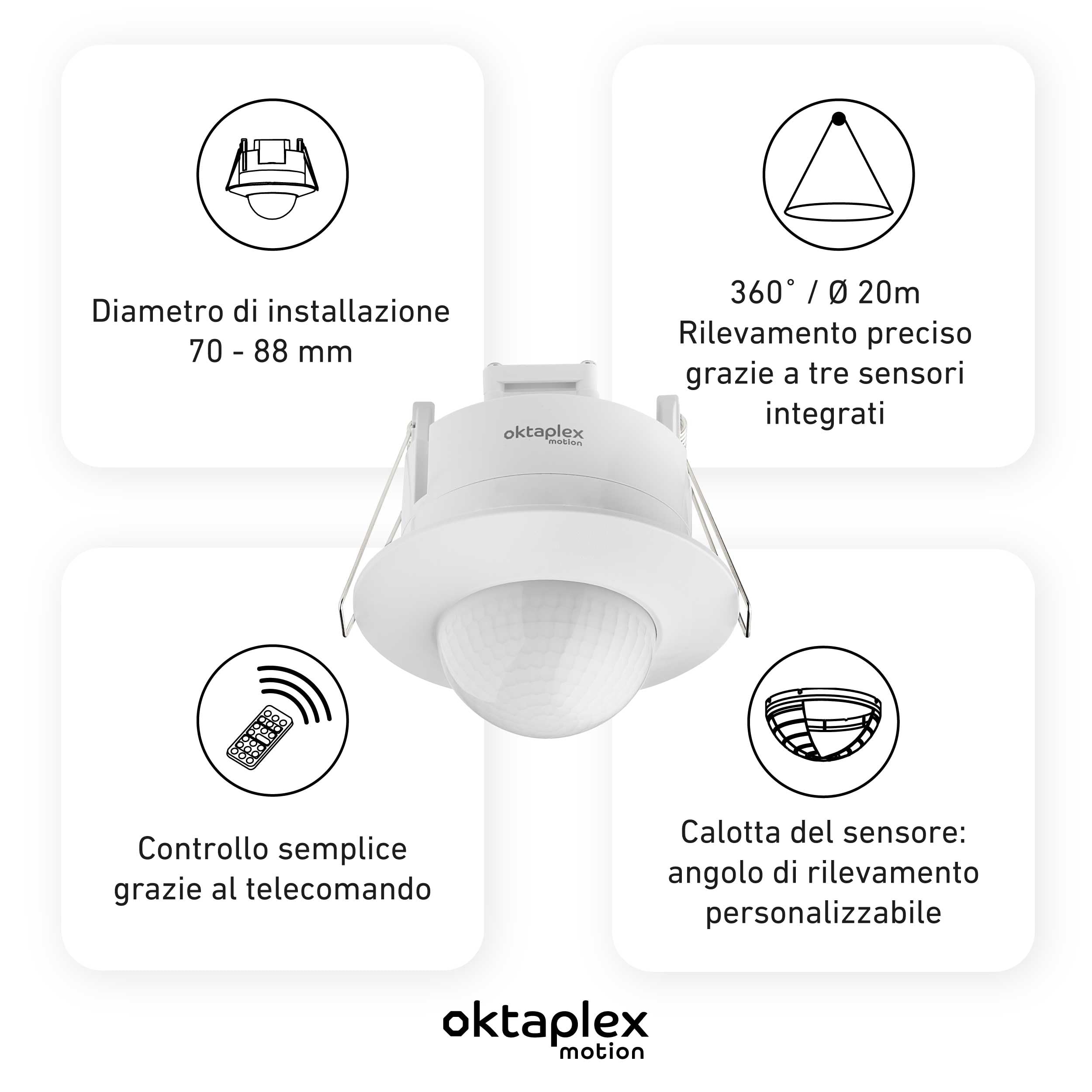 Oktaplex Sam - Set di 2 rilevatori di movimento a 360°, con telecomando, sensore di movimento a infrarossi, 230 V, sensore di presenza, da incasso, interno bianco