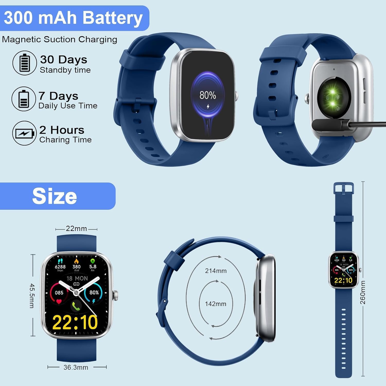 Matast Smart Watch charging process and battery life details.