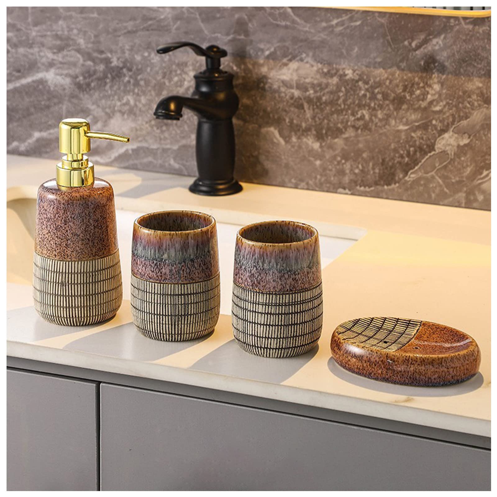 Juegos de Accesorios de baño, Acesorios Cuartos de Baño 4 Piezas con Dispensador Jabon Baño, Jabonera Baño, Porta Cepillo de Dientes, Bandeja, para Champú Cerámica Antiguo