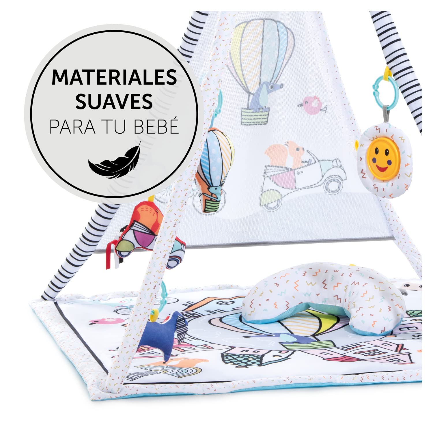 hauck Baby Play 1st Tent Gimnasio Bebe, con Colchoneta, Desde el Nacimiento, Arco de Juego Extraíble, Manta de Actividades, 5 Juguetes Sensoriales, Cojín de Media Luna, Balloon Ride White