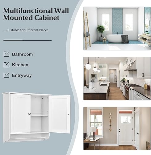 Miniatura 6 de GOFLAME Armario de baño montado en la pared, sobre el inodoro ahorrador de espacio con doble puerta, estante ajustable y toallero, armario de