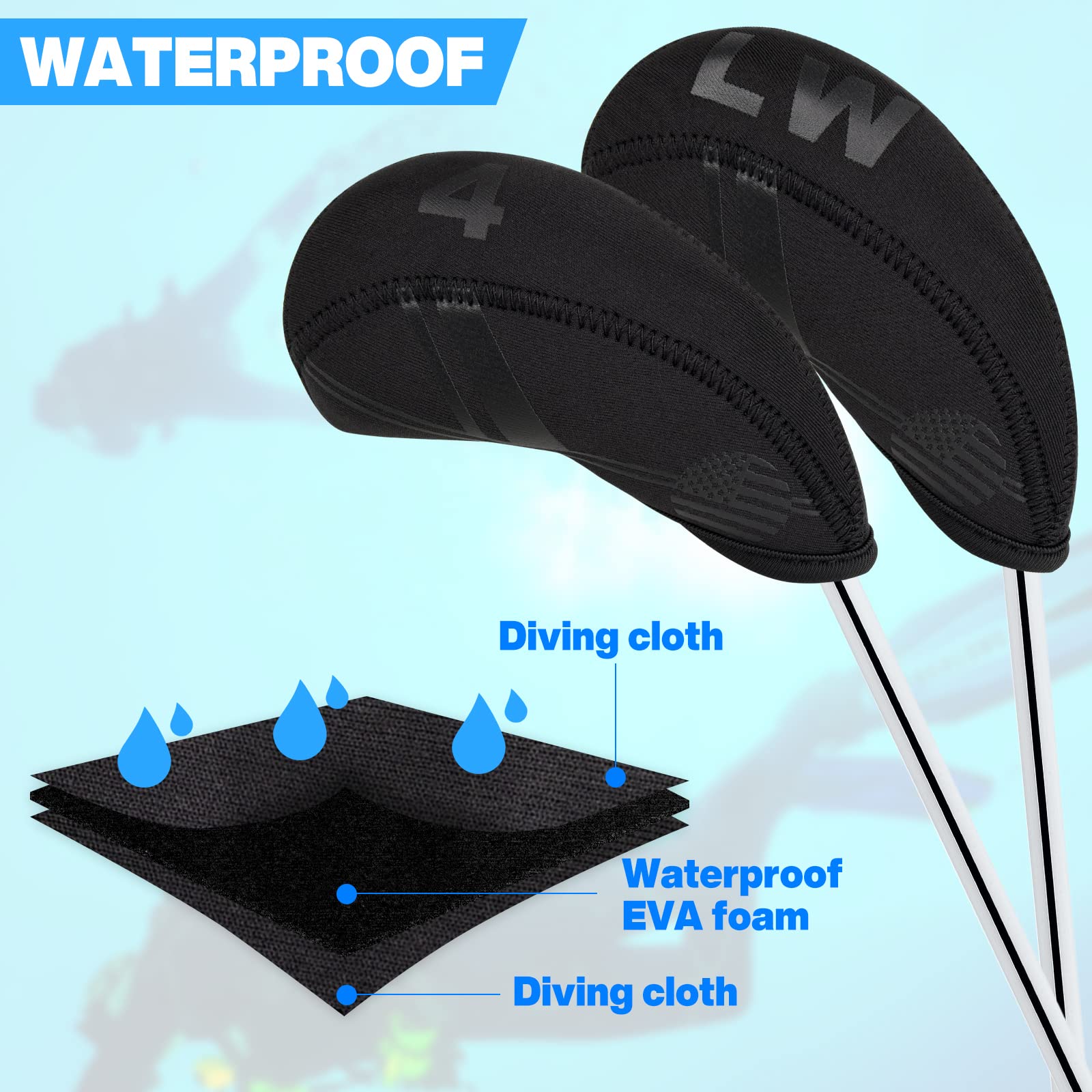 BIG TEETH Golf Iron Head Covers 10Pcs Neoprene USA Flag Golf Club Protector Multi Color Golf Club Protector (Black)