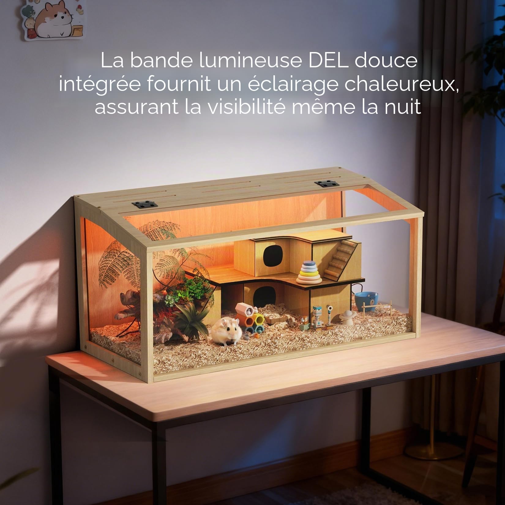 BingoPaw Cage Hamster en Bois, Habitats pour Rongeur Souris avec Fenêtre en Verre Trempé et Trous de Ventilation pour Gerbilles et Cochon d'Inde 60x40x40cm