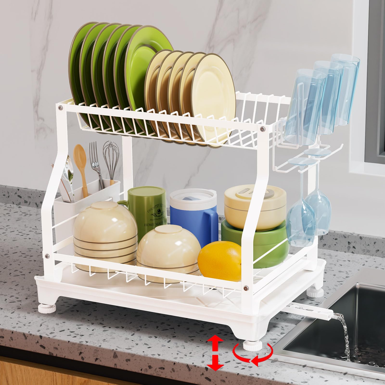 junyuan Dish Drying Rack for Kitchen Counter,2 Tier Dish Drainer with 360° Swivel Spout,Large Dish Rack with Utensil Holder,Fork & Cup Holder,Strong and Sturdy,Black (White)