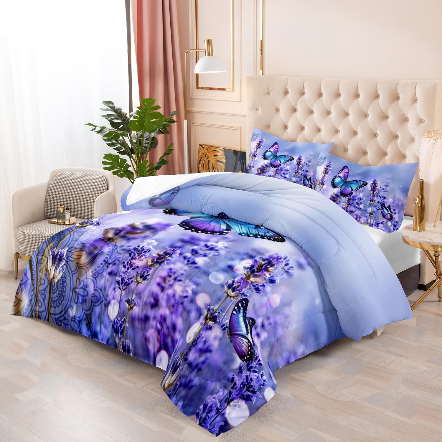 Violet Lavender 3 Piece Modern Bedding Set,Violet Floral Comforter Set Twin,Soft Microfiber Bed Set Lightweight Butterfly Bed Comforter Set for All Season 1 Comforter, 2 Pillowcases