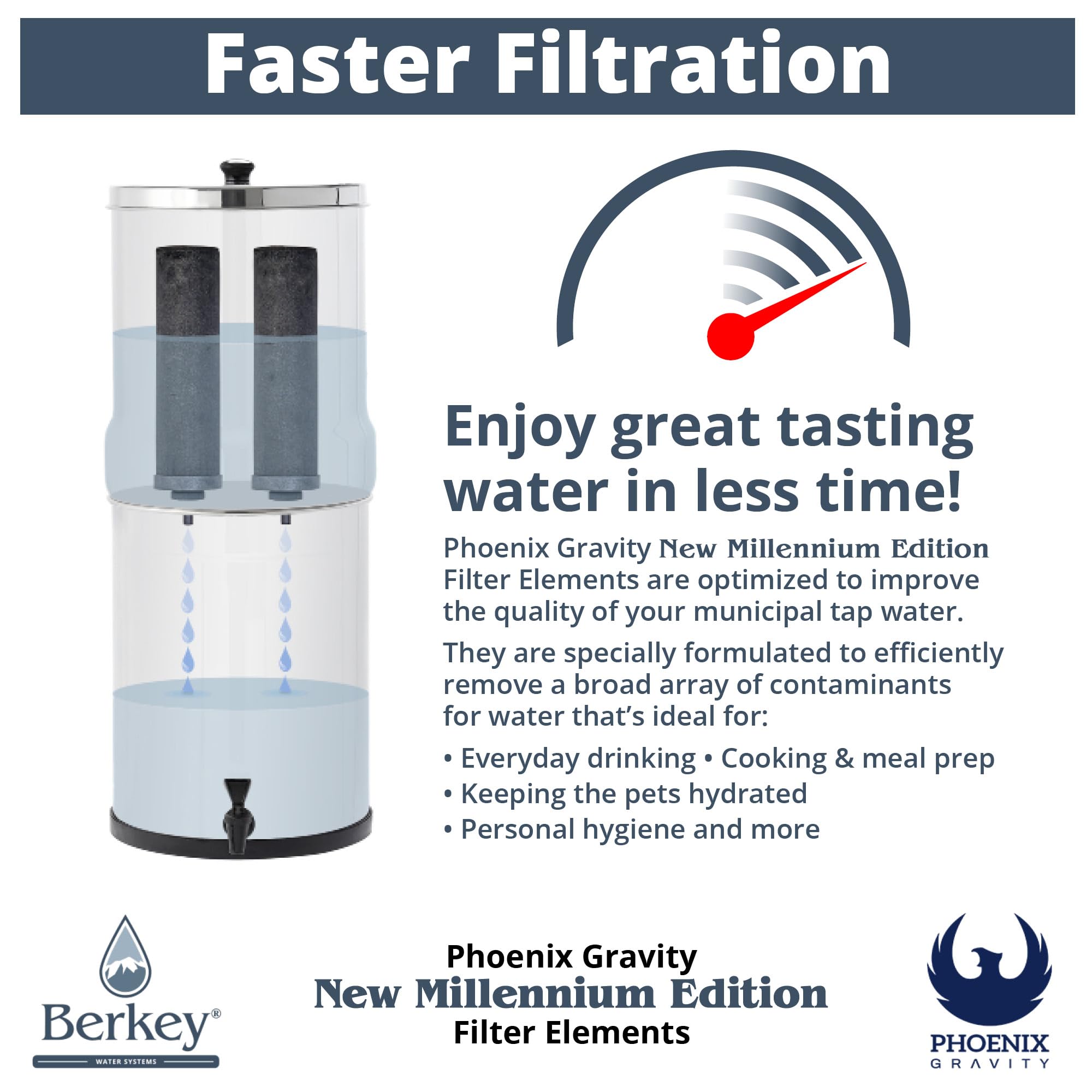 Berkey Elementy filtrujące do wody Phoenix Gravity New Millennium Edition (zestaw 2 szt.) - Zatwierdzony przez NMCL zamiennik zamiast Black Berkey Elements BB9-2