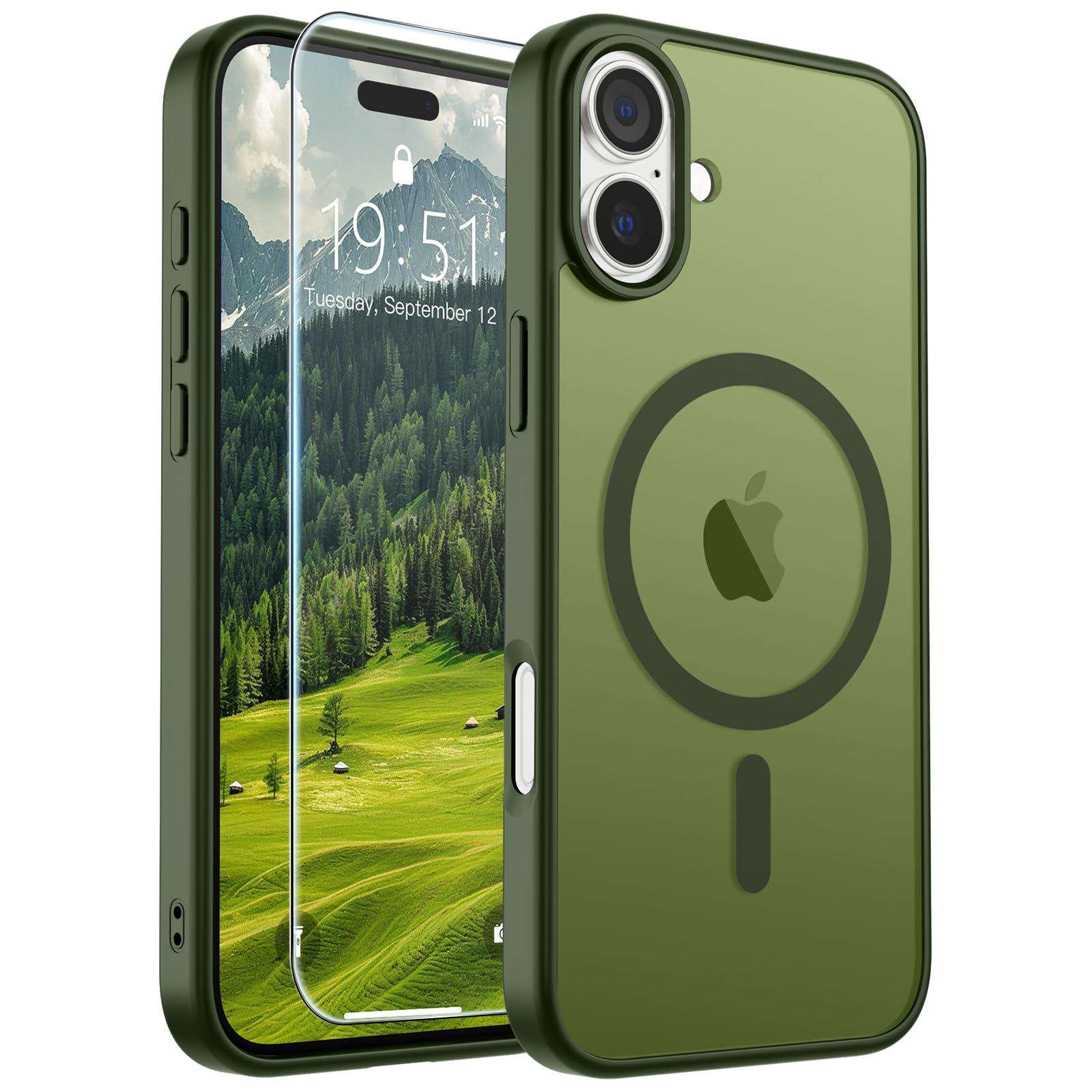 SUPFINE Magnetic for iPhone 16 Case Cangling Green | With Screen Protector, Translucent Matte, Compatible with MagSafe, Military Grade Drop Proof, Rugged Shockproof Protective