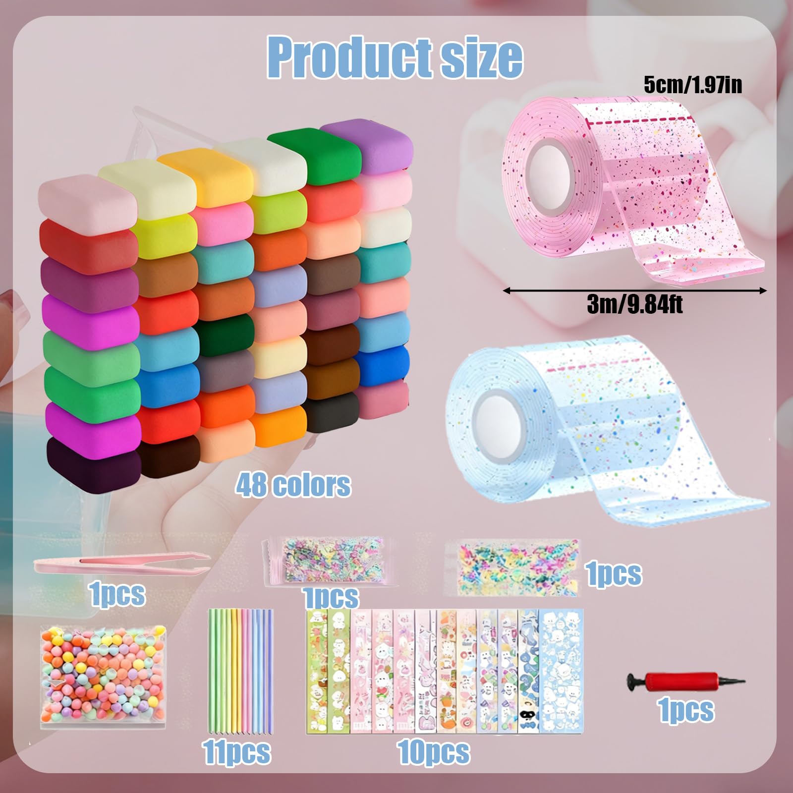 Eowppue Nano Tape Craft Set including 2 Rolls, Balloon Pump, 48 Colours, Glitter, Beads & Decorative Stickers - Image 4