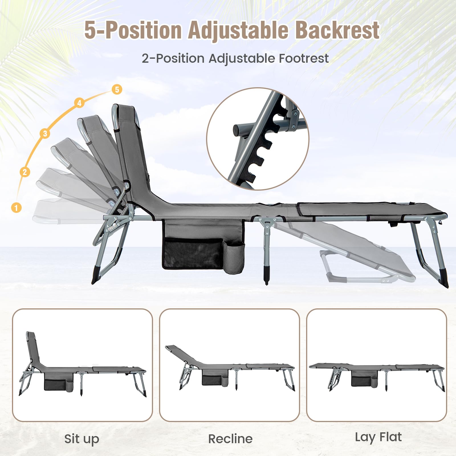GIANTEX Silla de Bronceado Plegable con Agujeros para la Cara y Las Sisas, Silla Reclinable en 5 Posiciones, para Exteriores, con Cojín y Bolsillo Lateral, Tumbona de Camping con Correa (Gris)