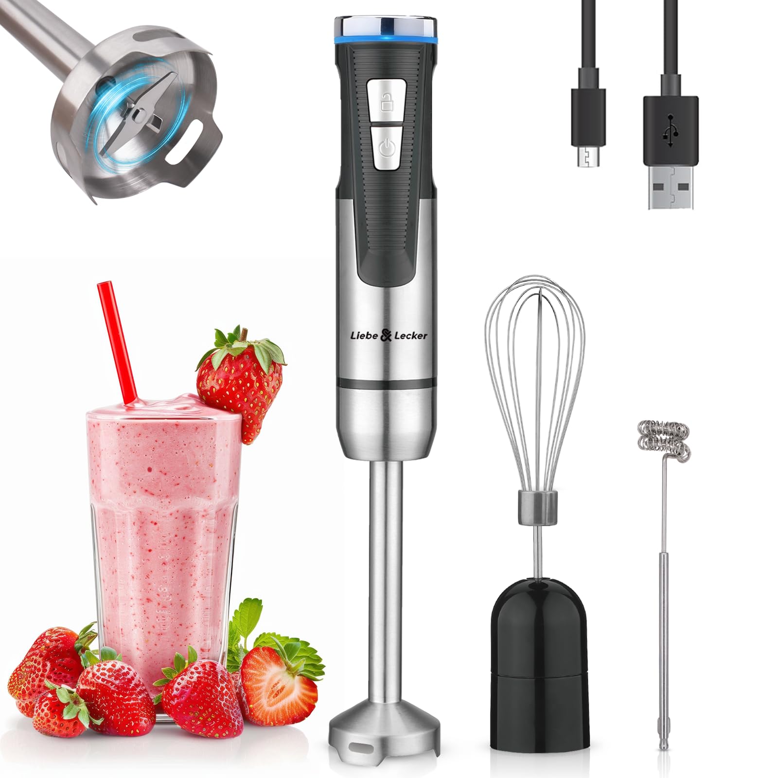 Liebe Lecker Immersion Blender Handheld Cordless 3 in 1 Cordless Hand Blender 8 Speed Emulsion Blender Handheld with