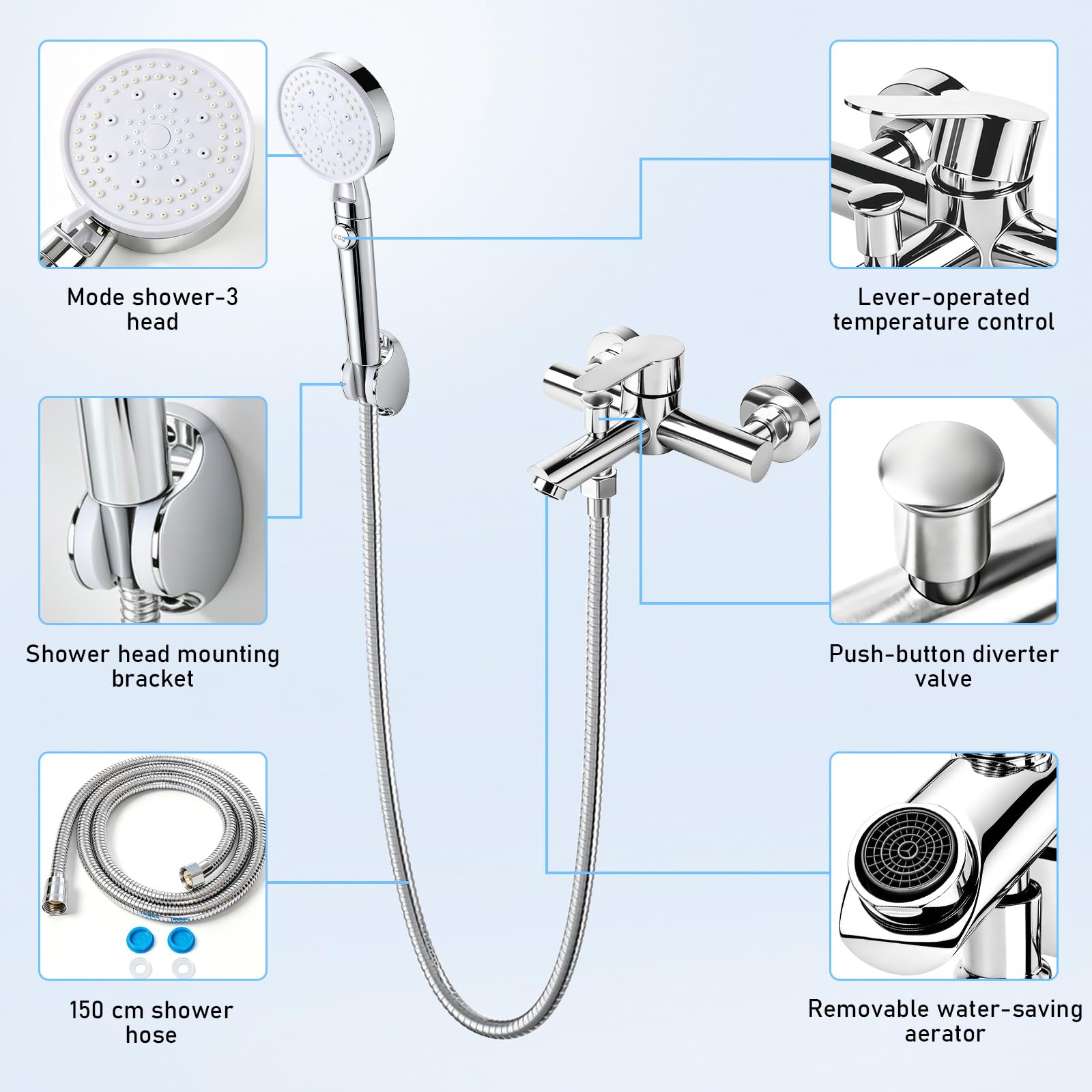 Badewannenarmatur mit Handbrause Wasserhahn Badewanne inkl. Brauseschlauch und Halterung Mischbatterie Badewanne Wandmontage für Bad Chrom