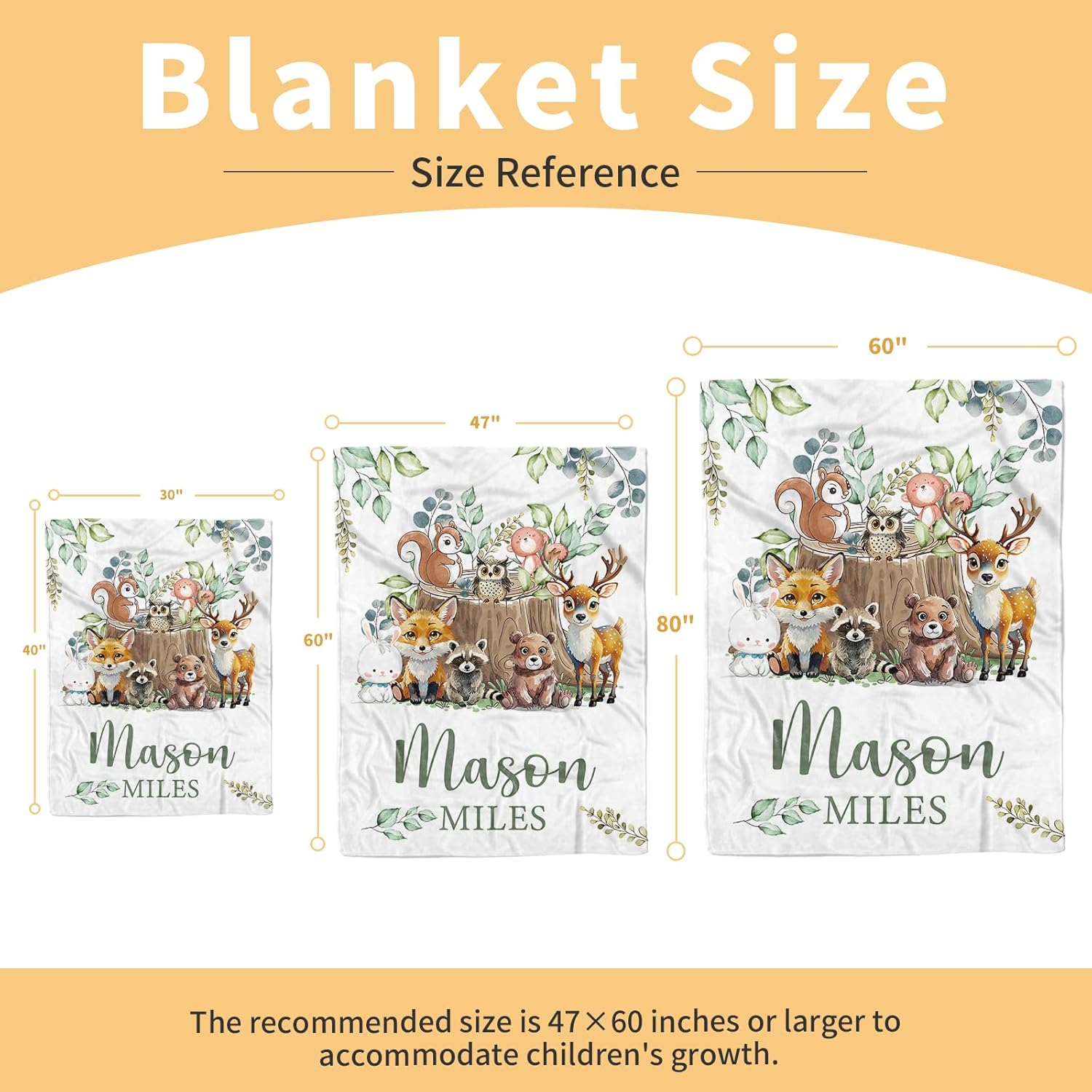 Terwex Custom Baby Blanket with Name, Customized Blanket for Newborn Boys Girls, Forest Animals Flannel Double Layer Dotted Backing Receiving Swaddle, Cute Keepsake Gifts for New Parents(47"x60")