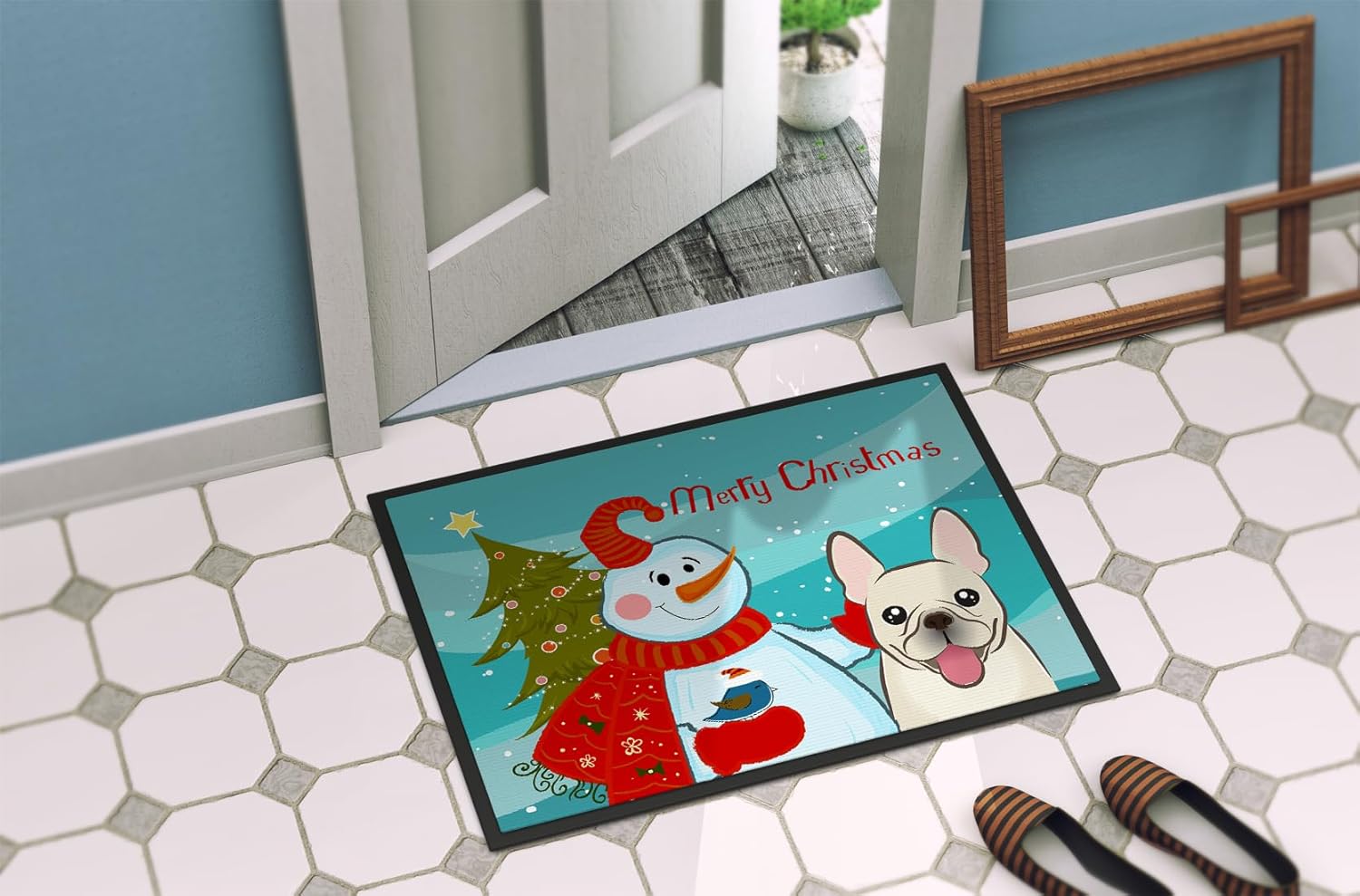 Caroline's Treasures BB1858MAT Snowman with French Bulldog Doormat 18x27 Front Door Mat Indoor Outdoor Rugs for Entryway, Non Slip Washable Low Pile, 18H X 27W