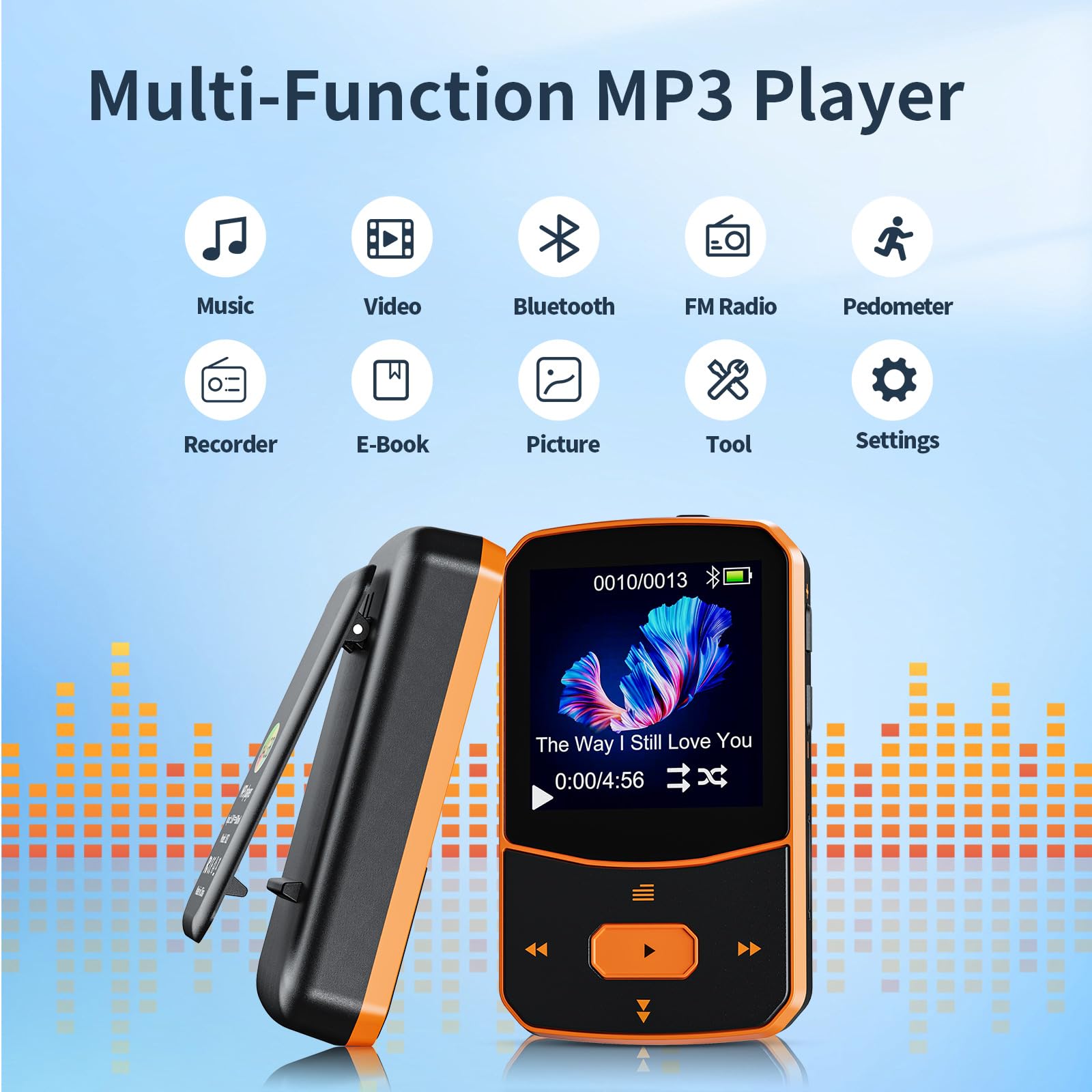 64Go Lecteur MP3 Bluetooth 5.3 Sport Mini-Design avec Clip, portabal baladeur mp3 avec Bouton de Volume indépendant,écran Couleur TFT 1,5 Pouces, Radio FM, podomètre, supporte jusqu'à 128Go Carte SD