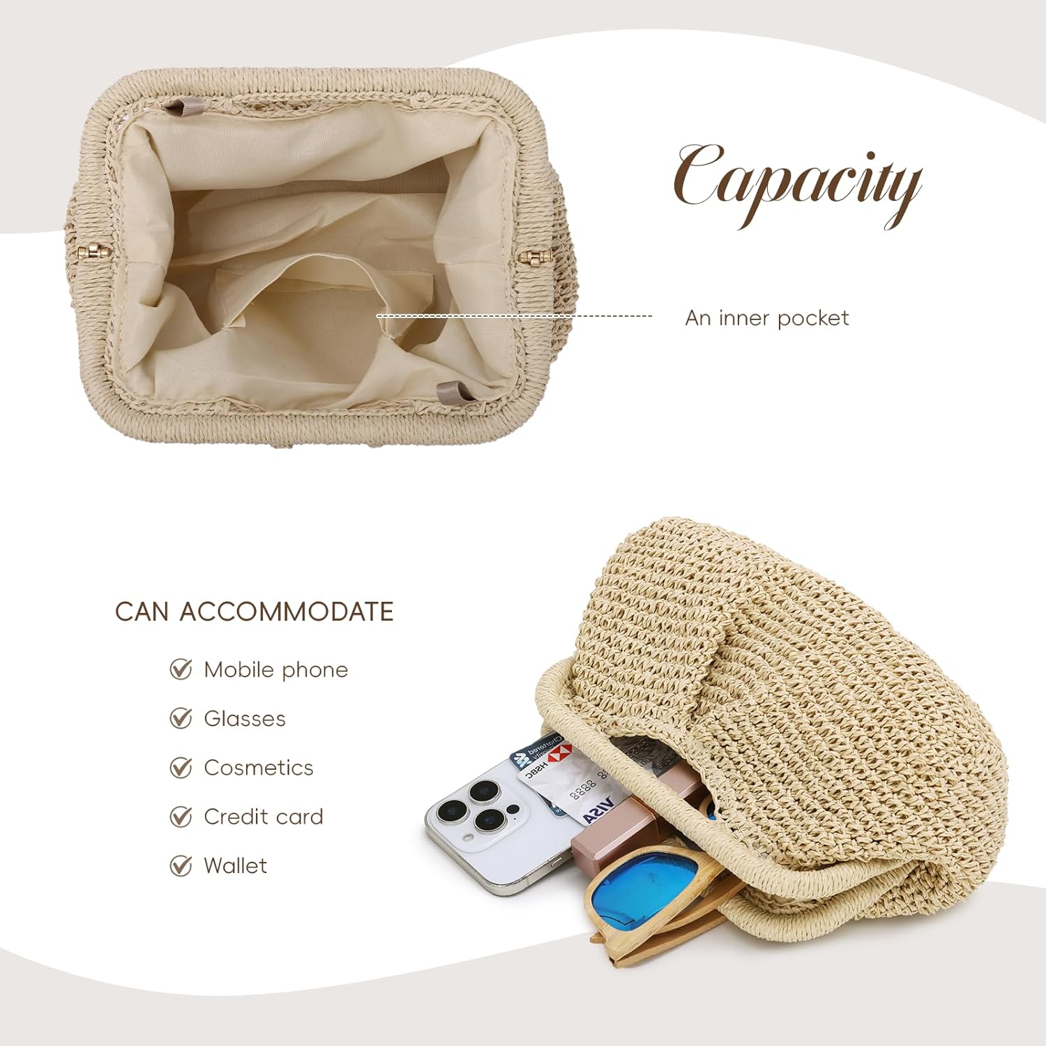 KUANG! Clutch Purses for Women Straw Woven Cloud Dumpling Bag Summer Beach Straw Clutch Crossbody Shoulder Handbag