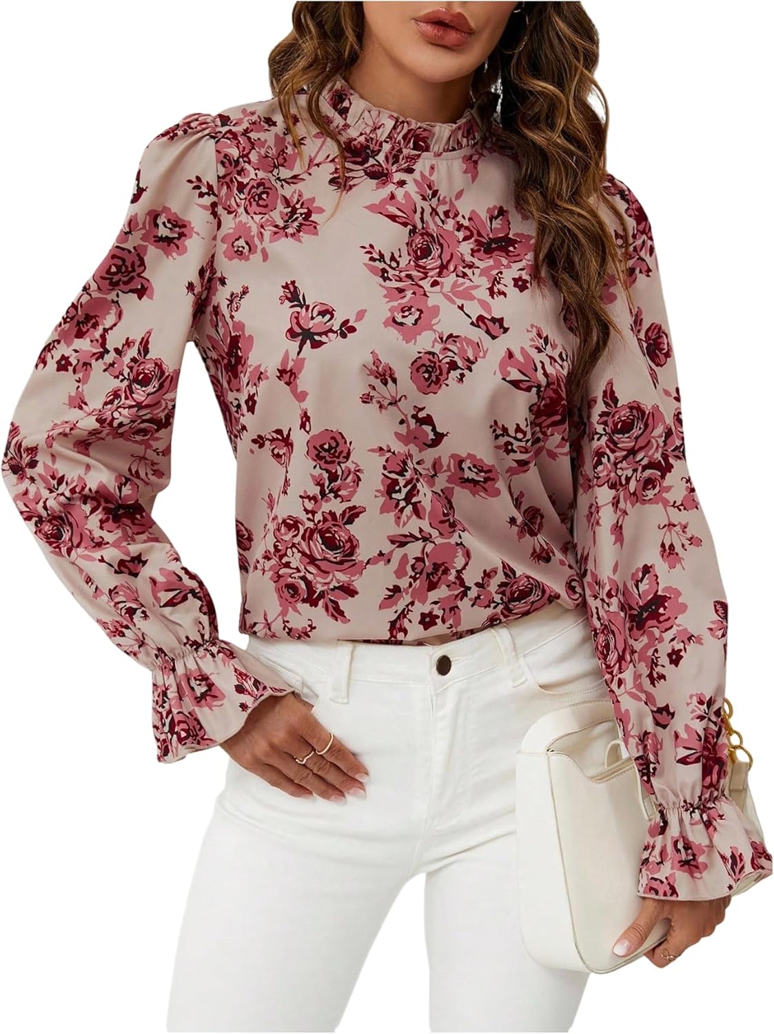 Milumia Women's Floral Frill Mock Neck Ruffle Long Sleeve Blouses Dressy Work Shirt Tops