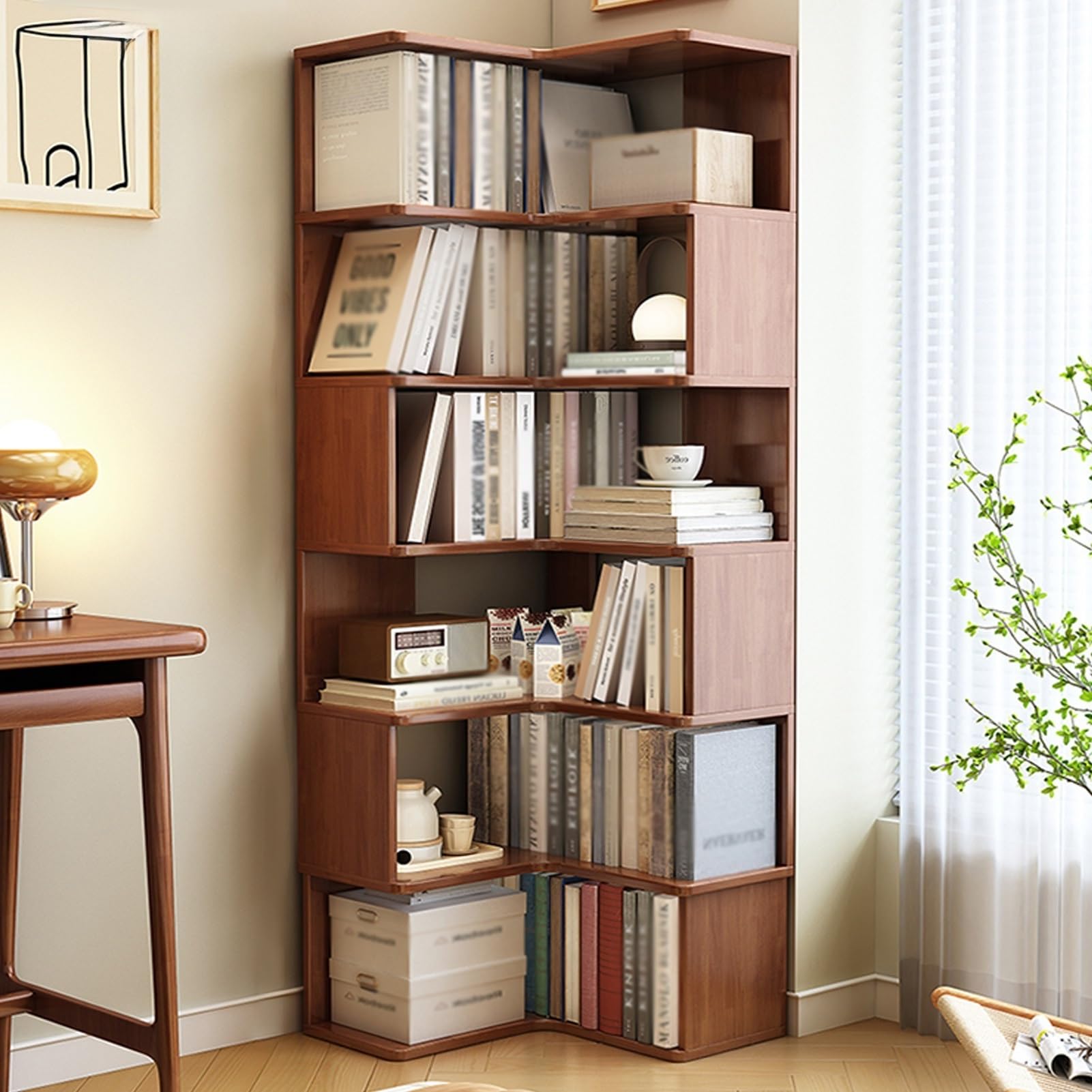 Libreria angolare a forma di L, scaffale aperto in legno, scaffale autoportante, salvaspazio, per casa e ufficio (180 cm)