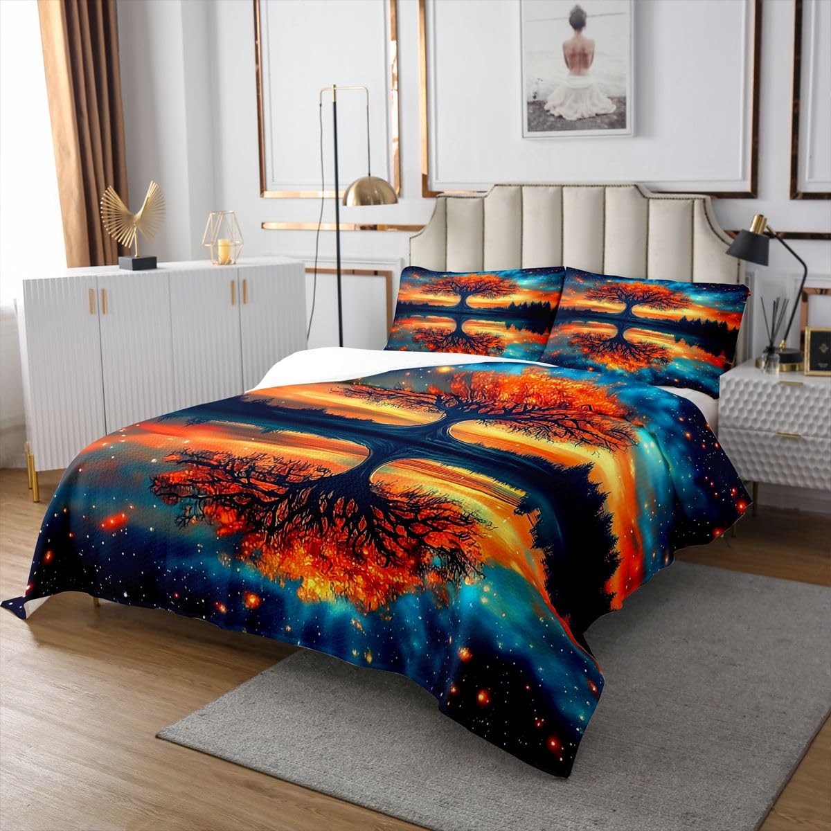 Narzuta w stylu retro, z motywem drzewa, 1 poduszka, marzycielska galaktyka, naturalny krajobraz, kołdra dla dzieci, nastolatków, styl boho, egzotyczne drzewo, zestaw pościeli, rozmiar S