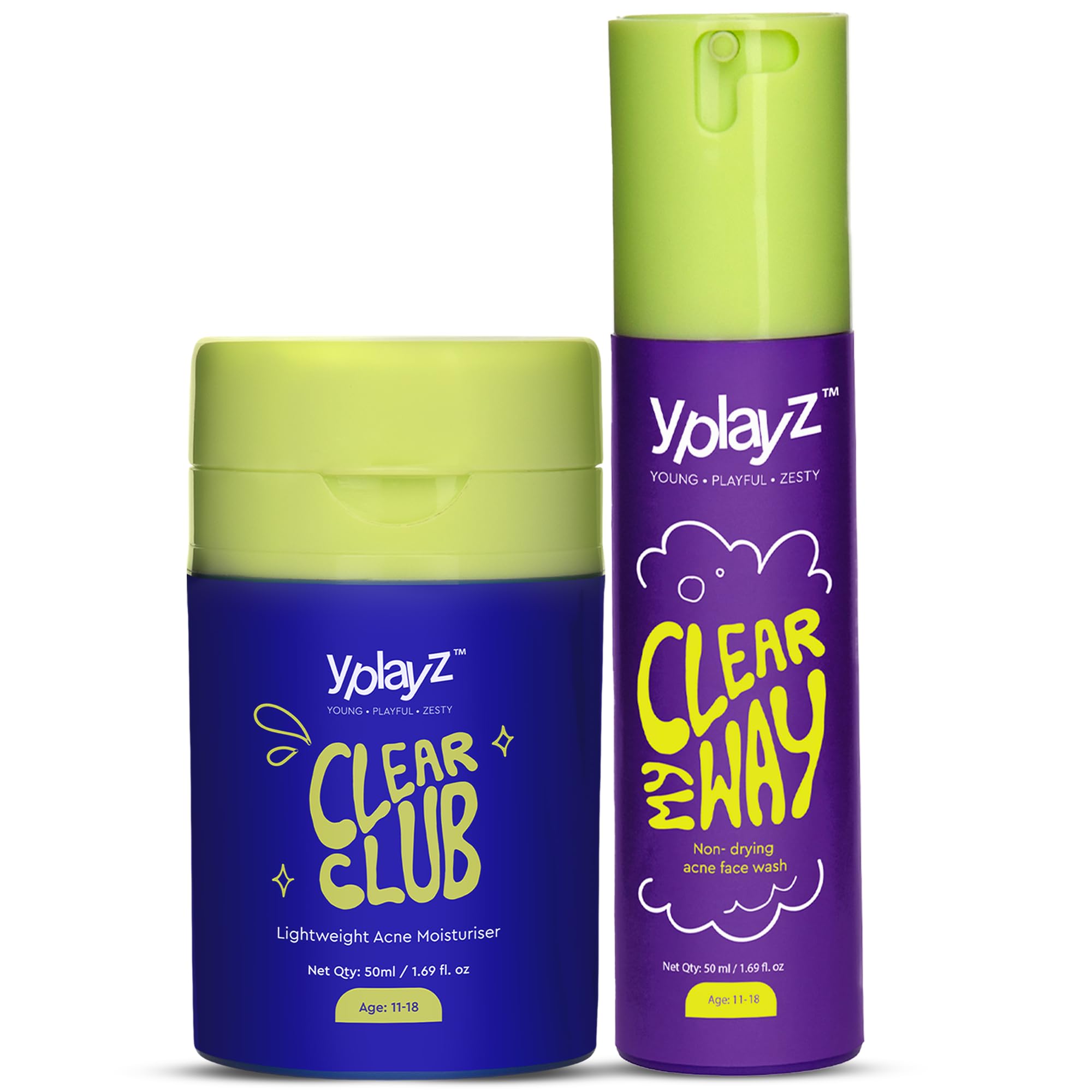 YplayZ Clear Crew Bundle For Teens & Kids 11+ Yrs | Acne Moisturizer Cream & Acne Face Wash | Salicylic Acid & Niacinamide | Hydrates Skin & Fades Marks | Skincare For Kids | Pack Of 2 | 50 Ml Each