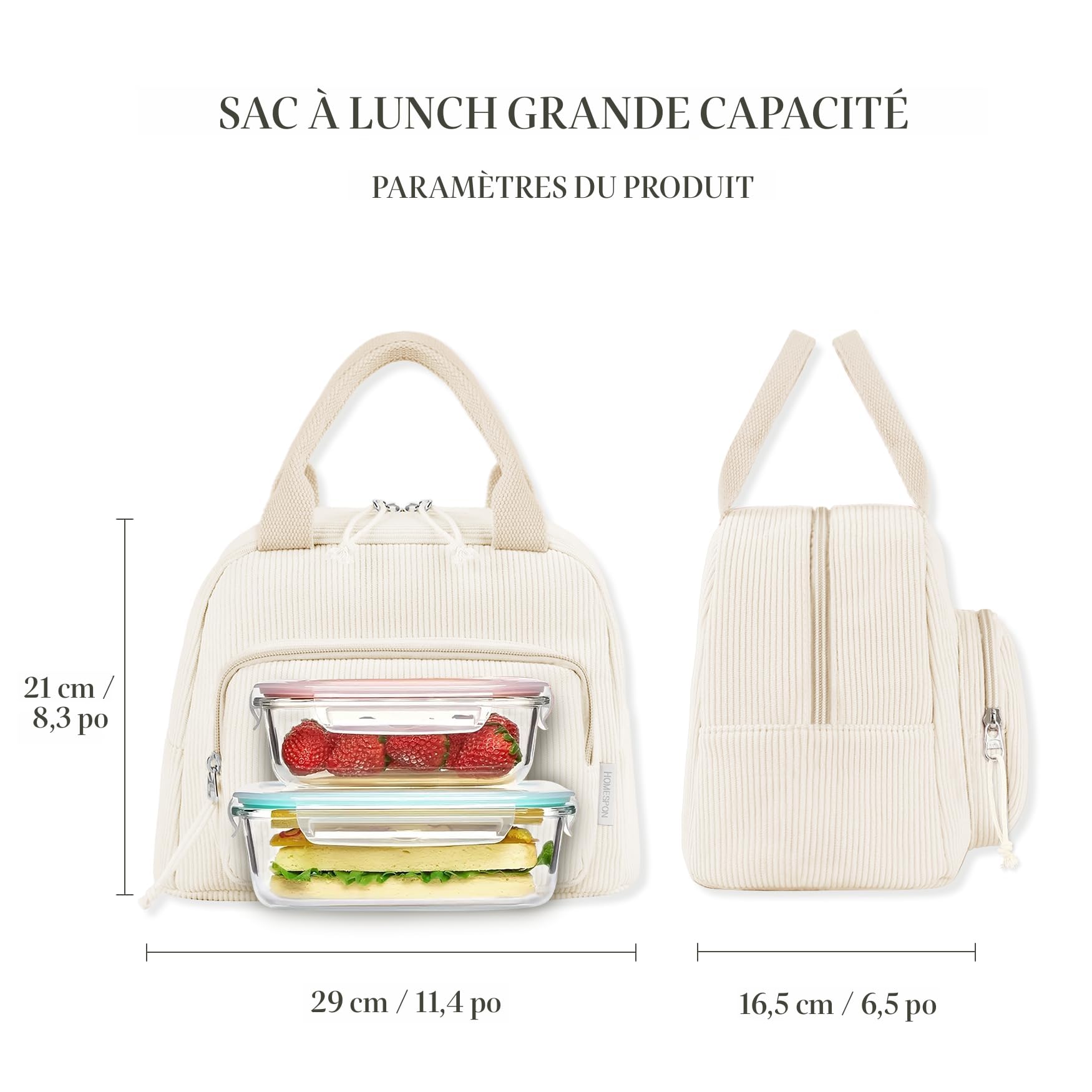 Boîte à Déjeuner Isotherme En Velours Côtelé Avec Nœud - Esthétique - Réutilisable - Pour Voyage, Travail, Pique-nique - (H