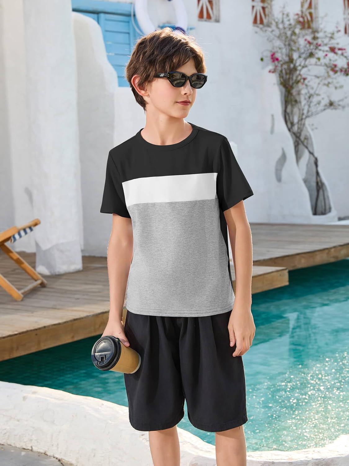 Haloumoning Boys Short Sleeve Shirts Kids Fashion Tops Crewneck Color Block Tees 5-14Y