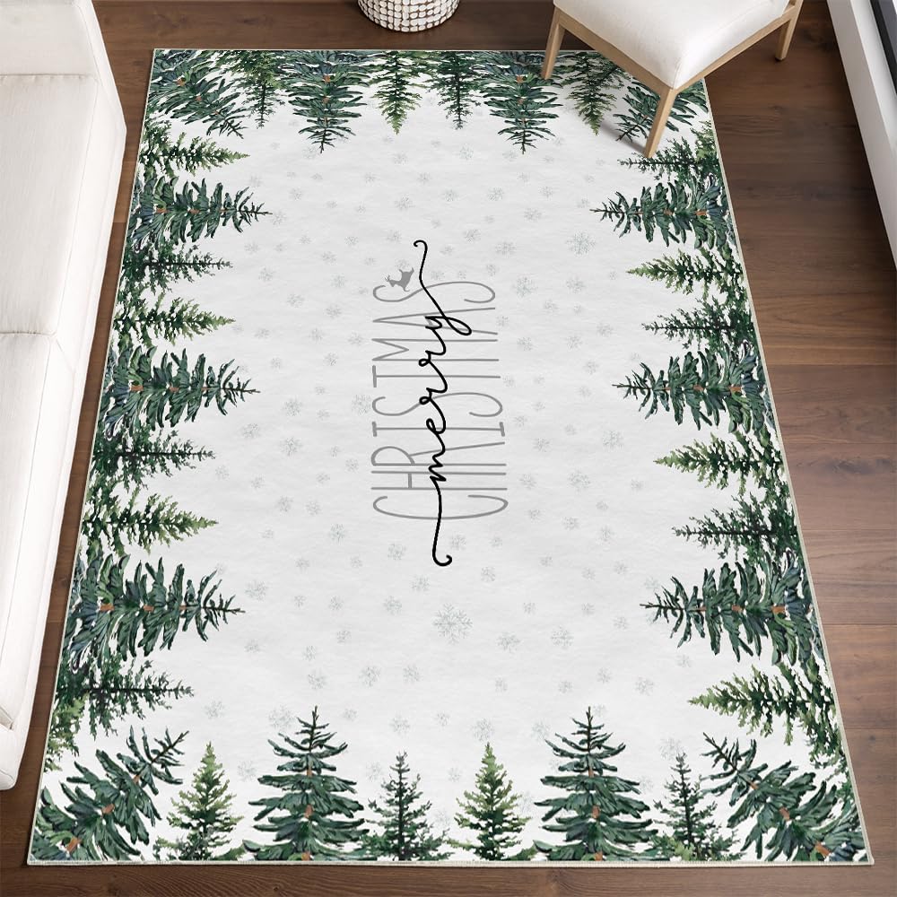 Tapis de Noël salon grande taille avec motif sapins et flocons