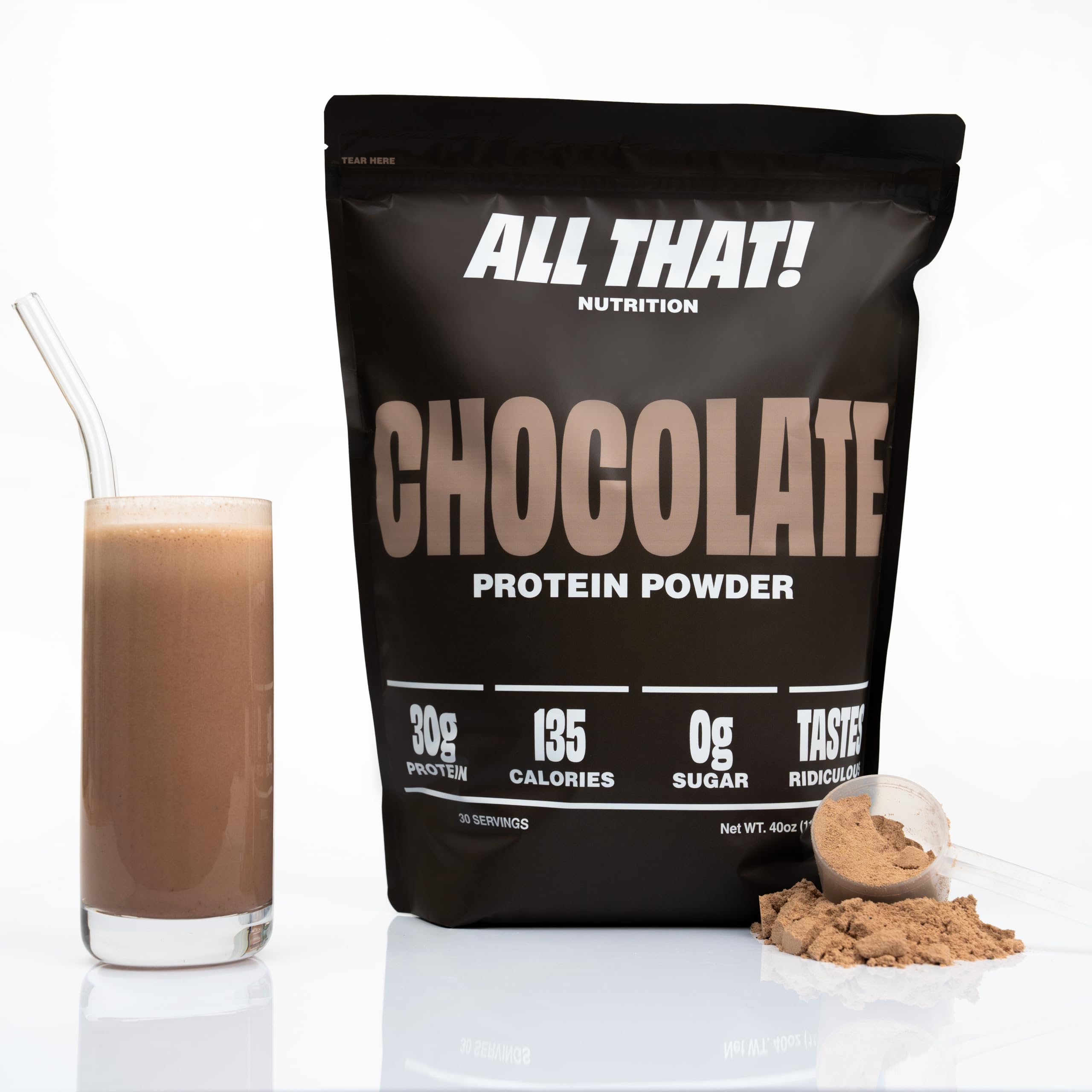 ALL THAT! NUTRITION Chocolate Protein Powder, 30G of Whey Protein, Low Calorie & Fast-Absorbing, 0 Sugar, Soy-Free & Gluten-Free Protein Powder, 30