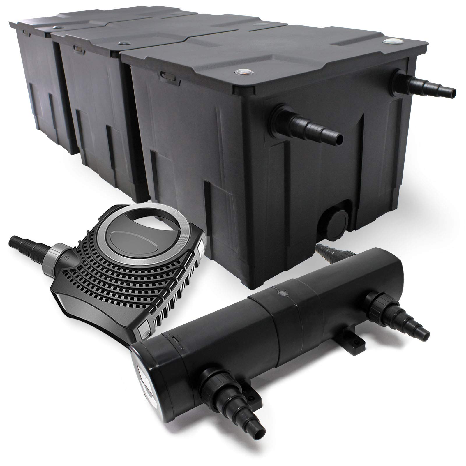 Wiltec Kompletny zestaw: CBF-350C filtr do oczka wodnego do 90000 l, filtr do stawu jako filtr przepływowy, NEO10000 SuperECO pompa do oczka wodnego 10000 l/h 80 W, CUV-218, oczyszczacz stawu UVC o