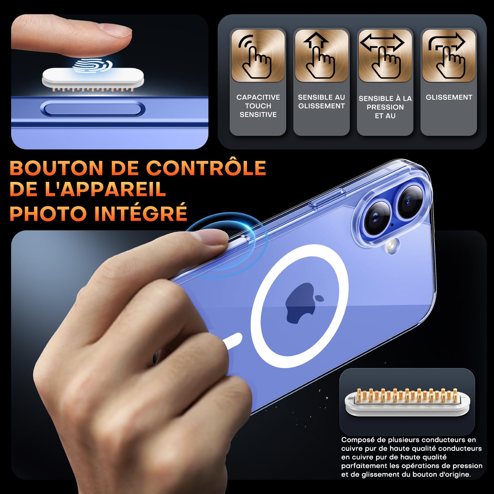 TAURI Coque Magnétique pour iPhone 16 Plus avec Bouton de Capture de Contrôle de Caméra, Compatible avec MagSafe [Protection Militaire][Anti-Jaunissement] -Coque Mince 6,7 Pouces-Transparent