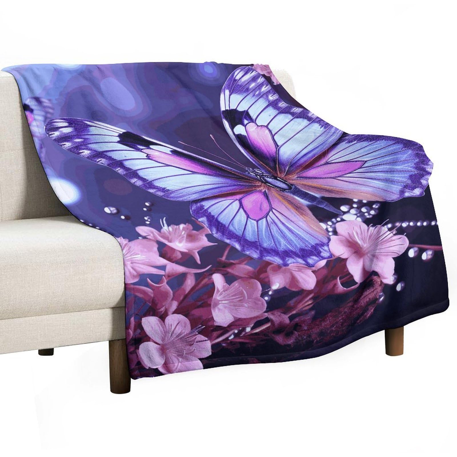 Couverture en flanelle violette à motif papillon pour grand lit et canapé
