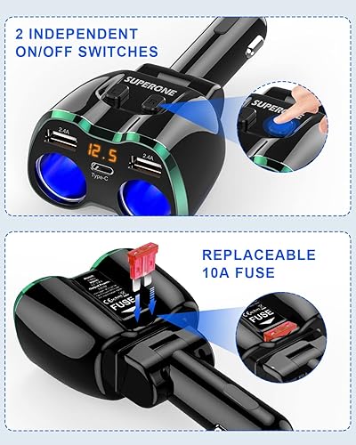 Miniatura 8 de SUPERONE - Cargador de coche USB C, 2 enchufes para encendedor de cigarrillos, divisor de encendedor de cigarrillos, 1224 V, 80 W, adaptador USB