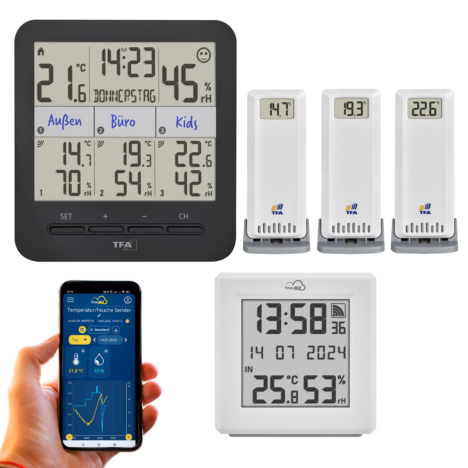 TFA Dostmann TFA.me ID-01 + Klima@Home2 - Kit de iniciación de seguimiento del clima interno, medición de temperatura y humedad, portal TFA.me, notificación por correo electrónico, prevención de moho