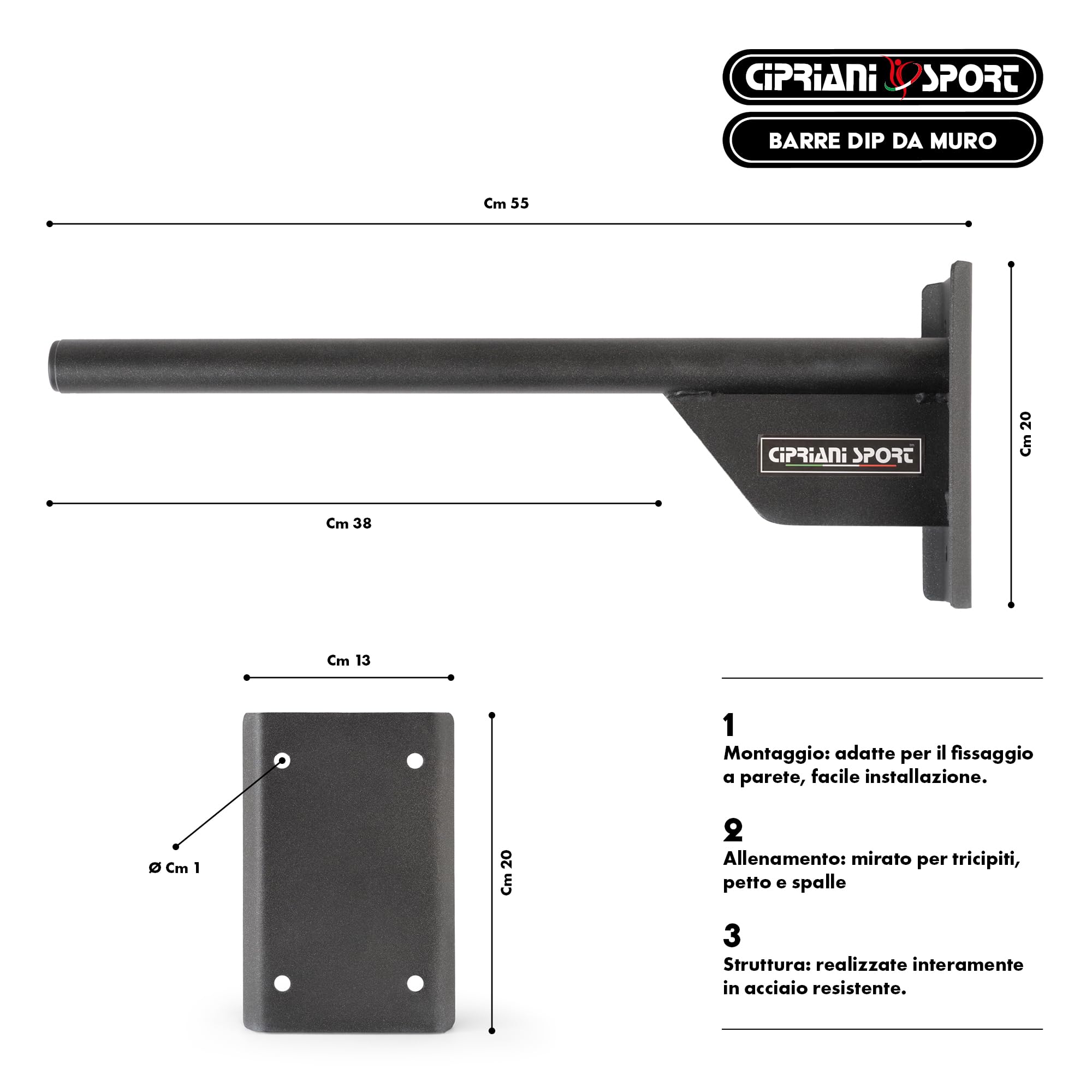 CIPRIANI SPORT - Dip Station Pro per Allenamento Gym Home - Struttura Robusta per Eccellenza in Esercizi di Dips Presa Sicura