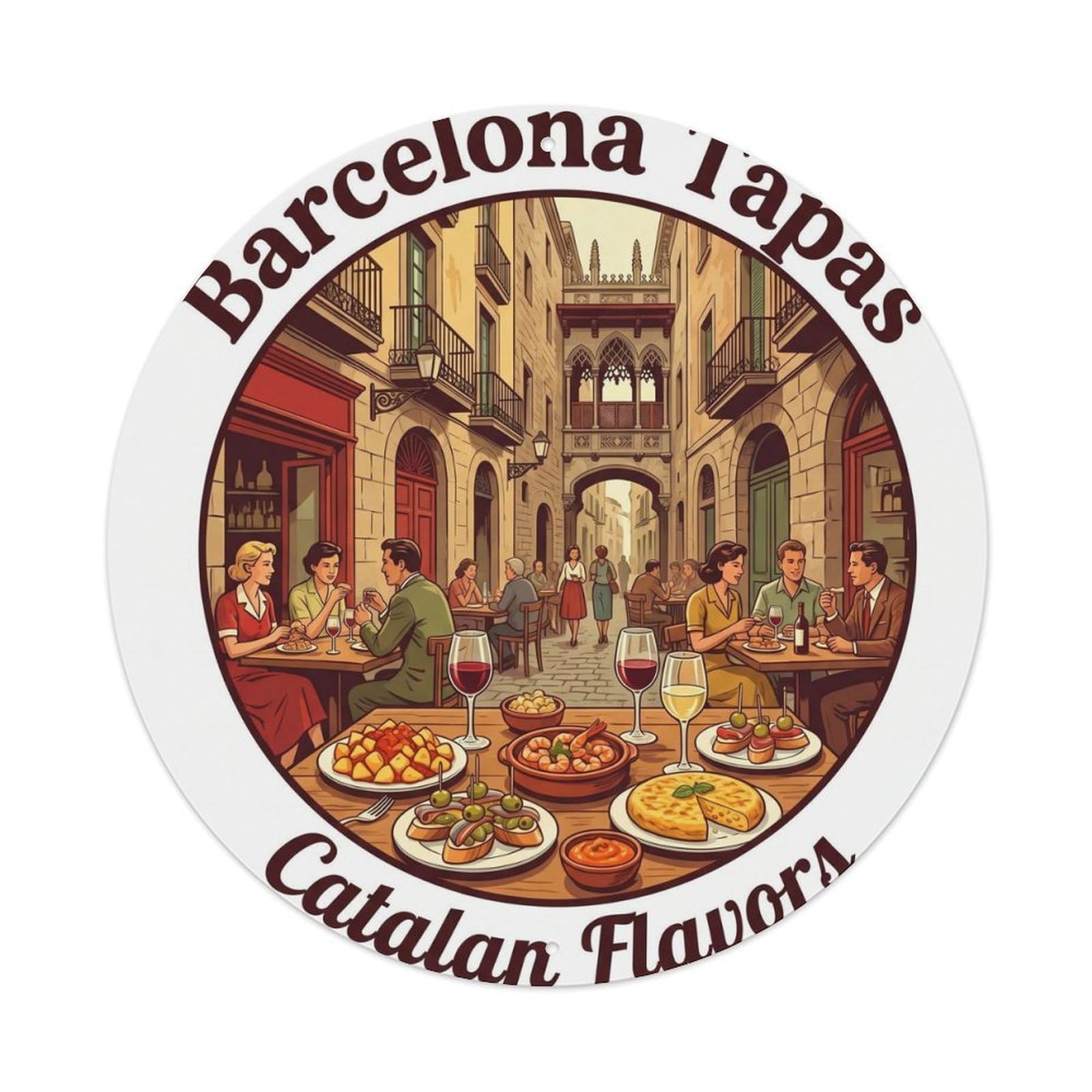 Barcelona Tapas Catalan Cuisine Vintage Travel Heritage Metal Tin Sign Plaque Wall Decor for Cafe, Man Cave, Club Bar, Office, Home Garden Round Metal Poster 8x8Inch
