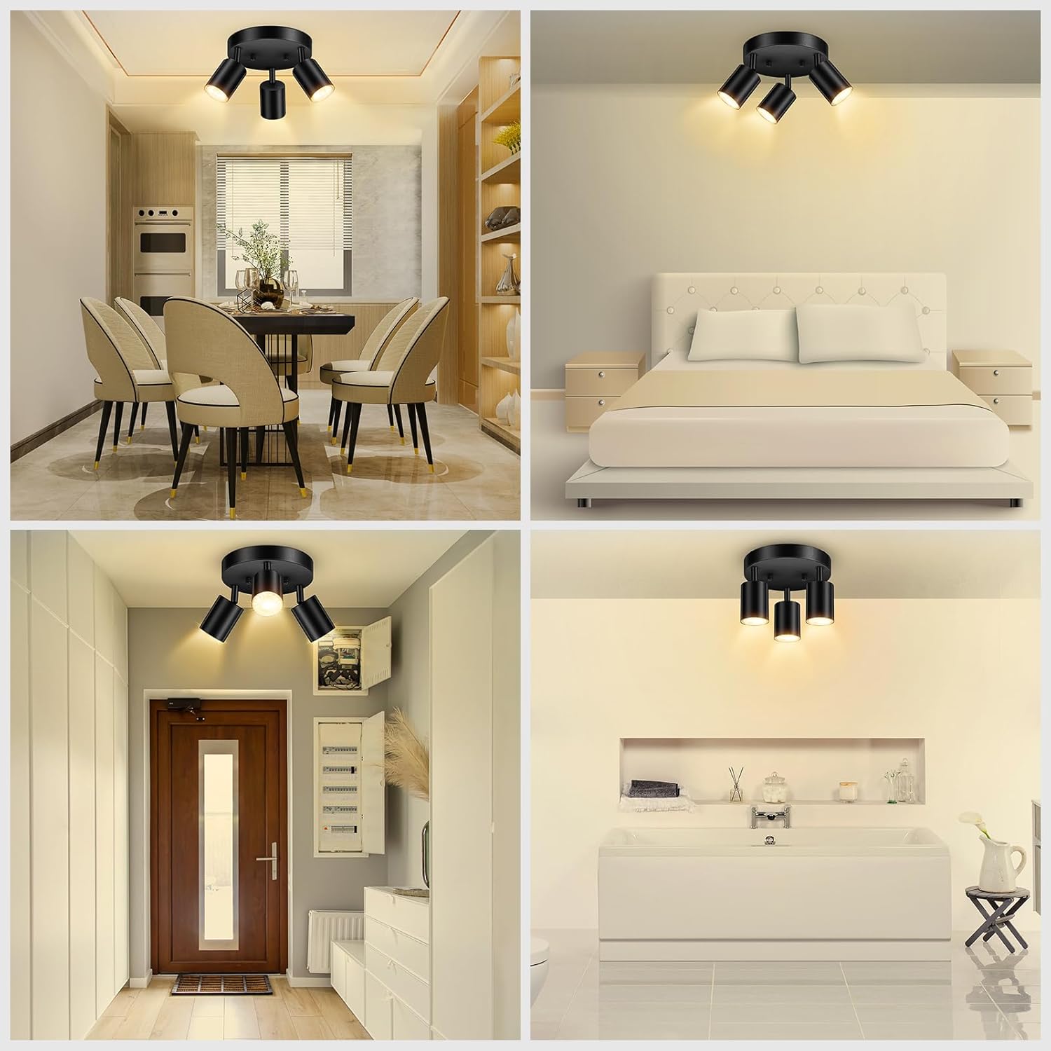 BoostArea LED 3 Light Track Lighting Kit, LED Track Lighting Fixtures, Black Round Ceiling Spot Lighting, Flexibly Rotatable Light Head for Kitchen, Living Room, Bedroom, GU10 Bulb Not Included